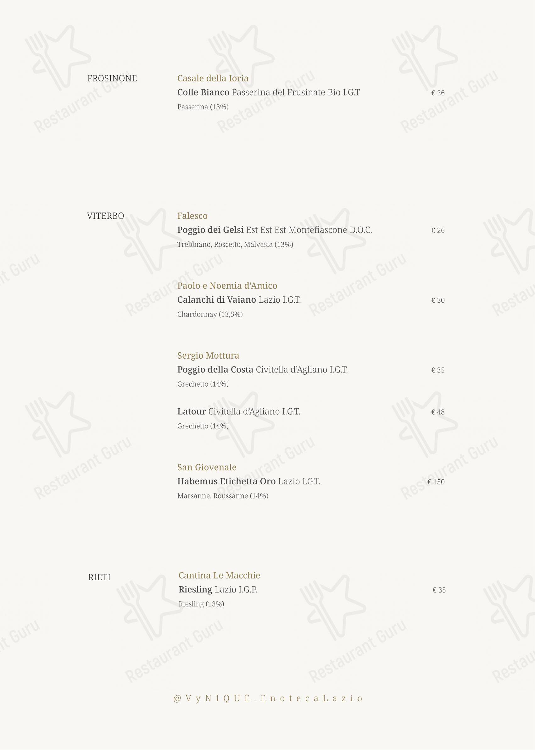 Menu di VyNIQUE Enoteca Regionale del Lazio - Menu bar