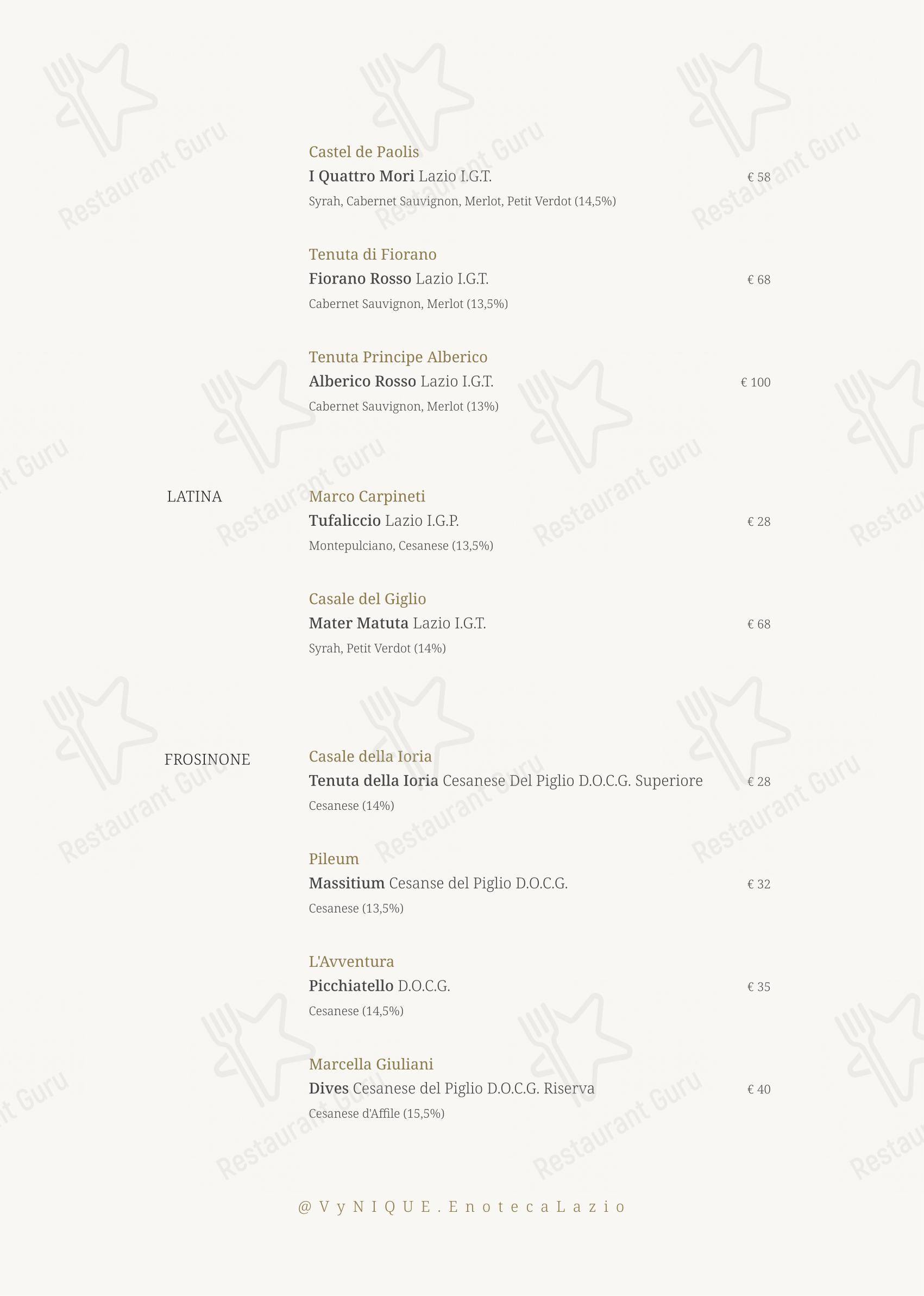 Menu bar per VyNIQUE Enoteca Regionale del Lazio in Roma