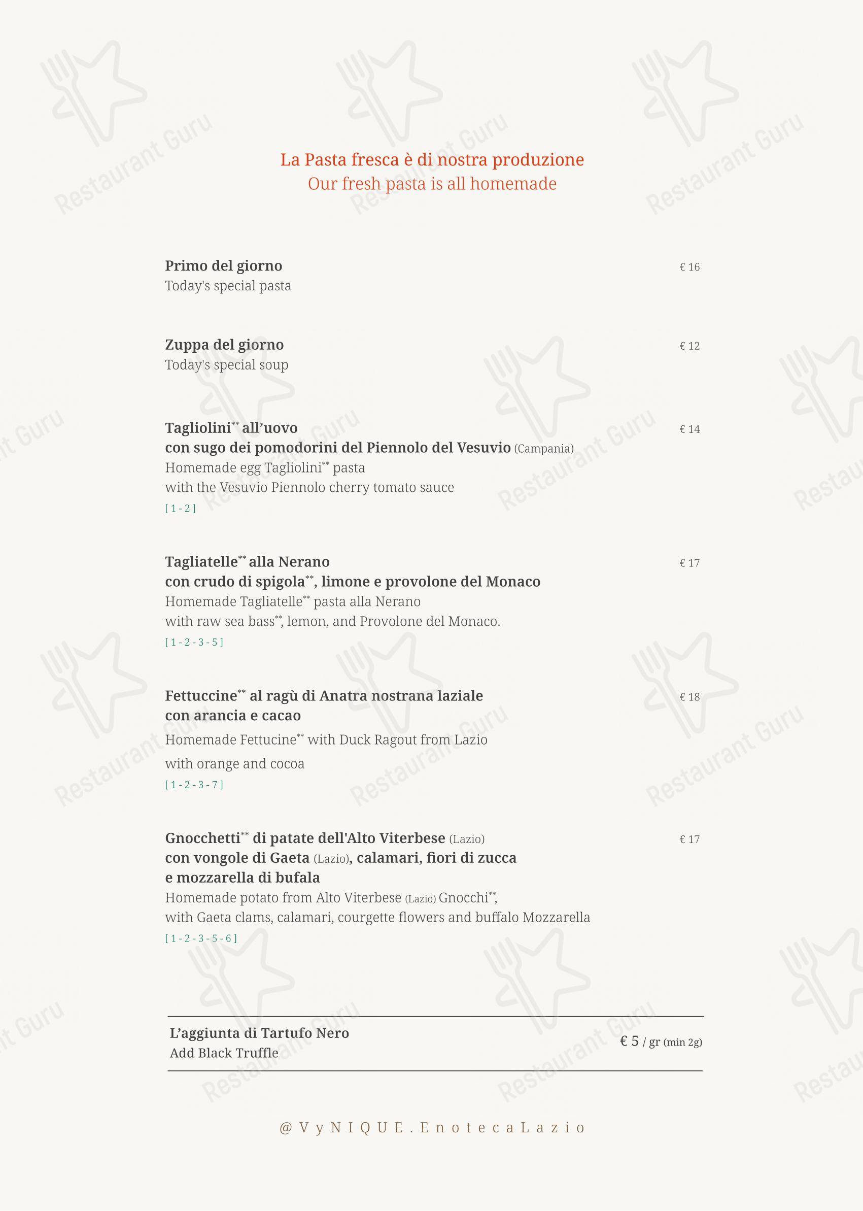 Menu per VyNIQUE Enoteca Regionale del Lazio ristorante