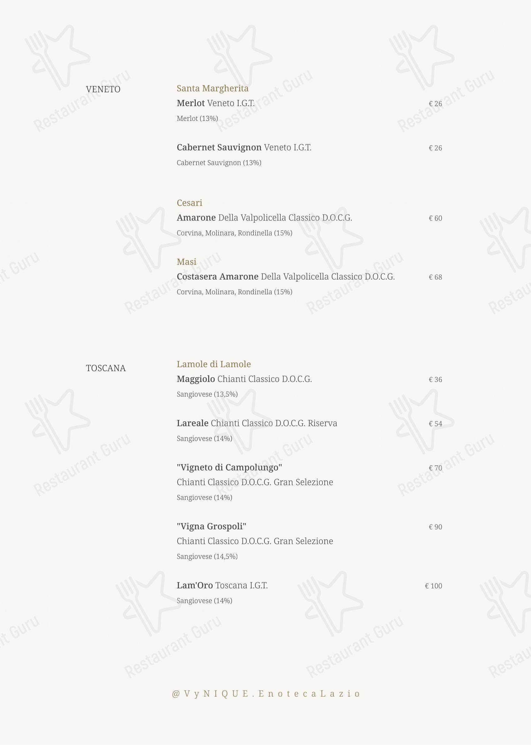 Menu di VyNIQUE Enoteca Regionale del Lazio - Menu bar