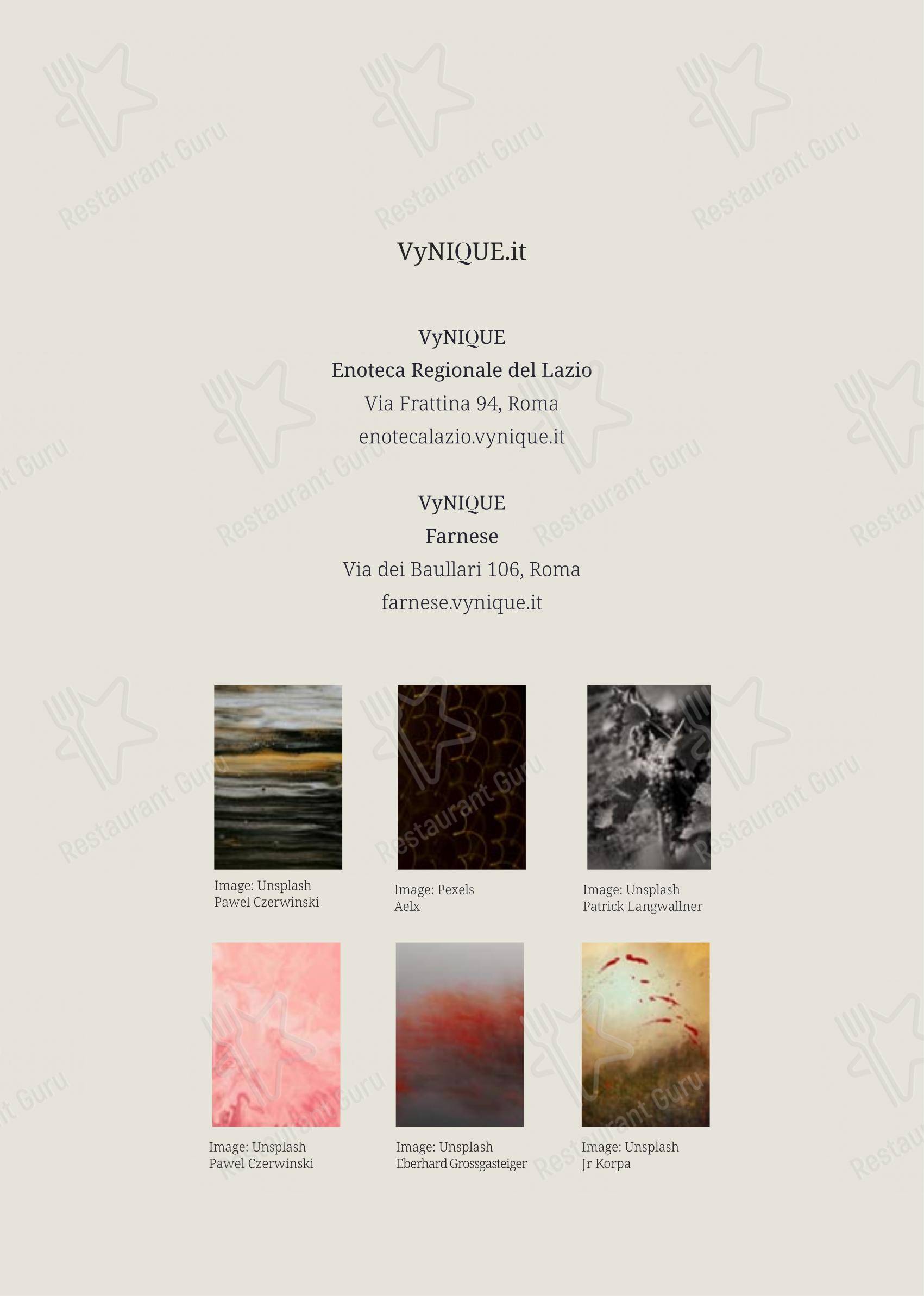 Menu bar per VyNIQUE Enoteca Regionale del Lazio in Roma