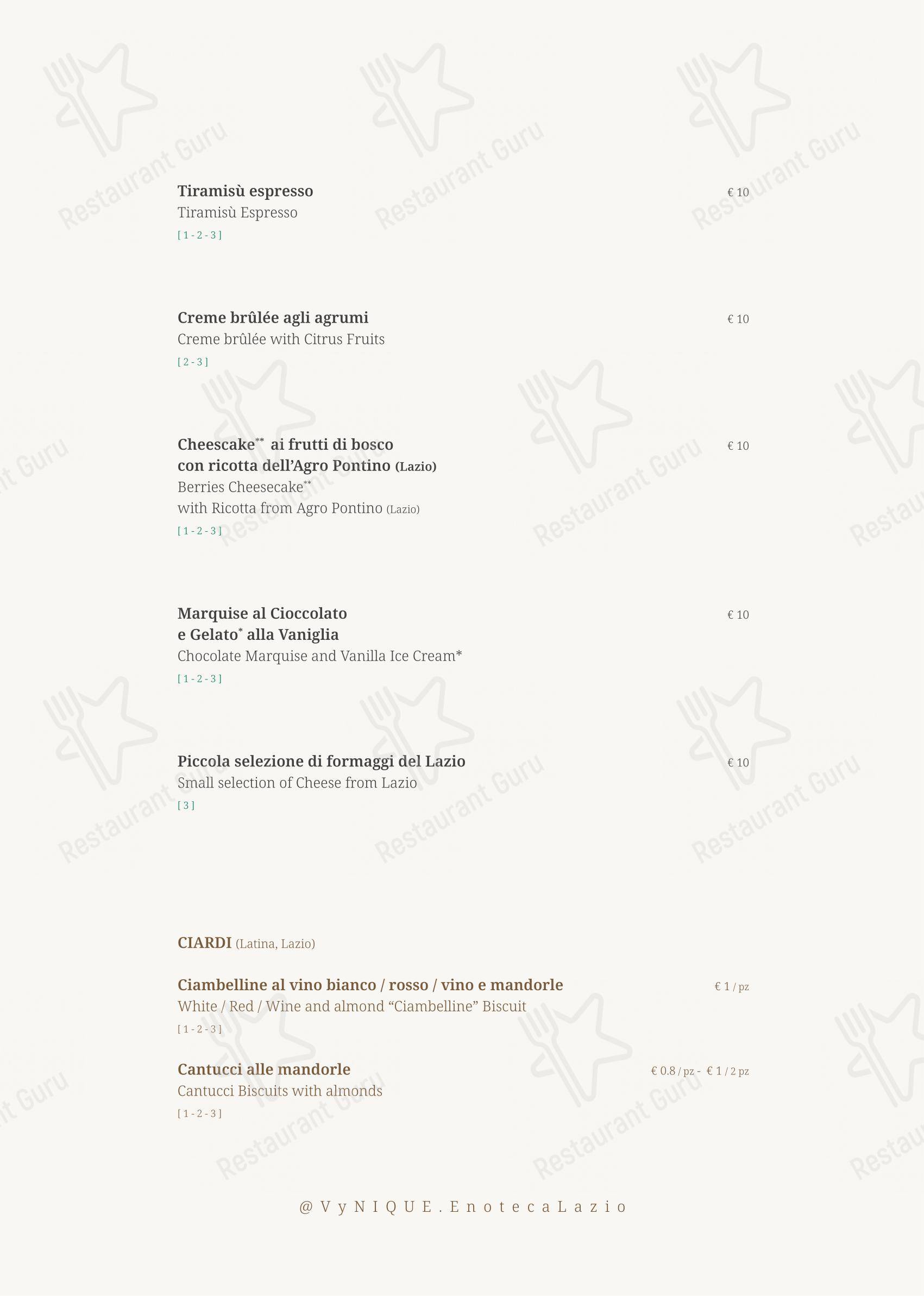 Menu di VyNIQUE Enoteca Regionale del Lazio - Menu