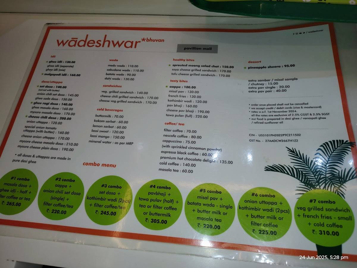 Wadeshwar Bhuvan menu
