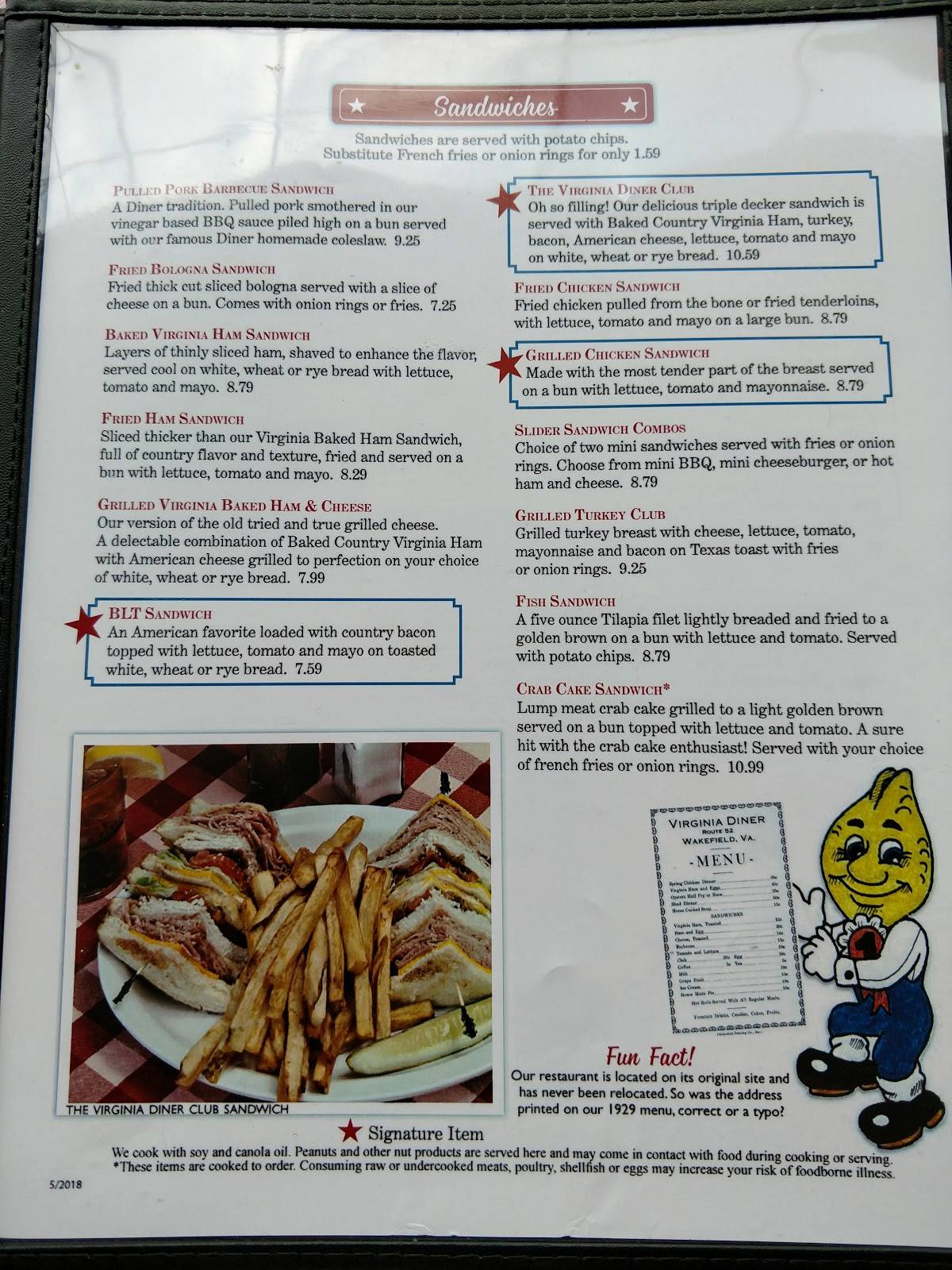 Menu at Virginia Diner restaurant, Wakefield, 408 County Dr