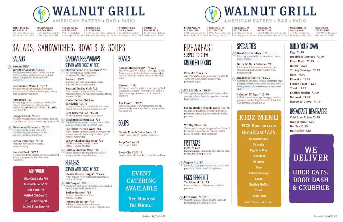 Menu at Walnut Grill Fox Chapel restaurant, Pittsburgh, 911 Freeport Rd