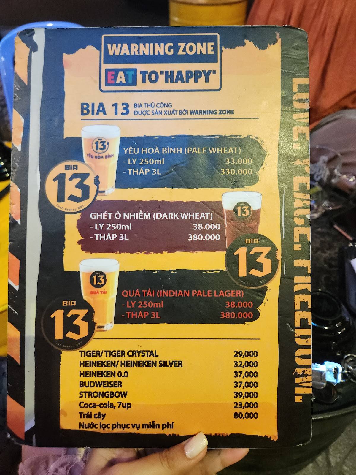 Menu at Warning Zone 173 restaurant, Ho Chi Minh City