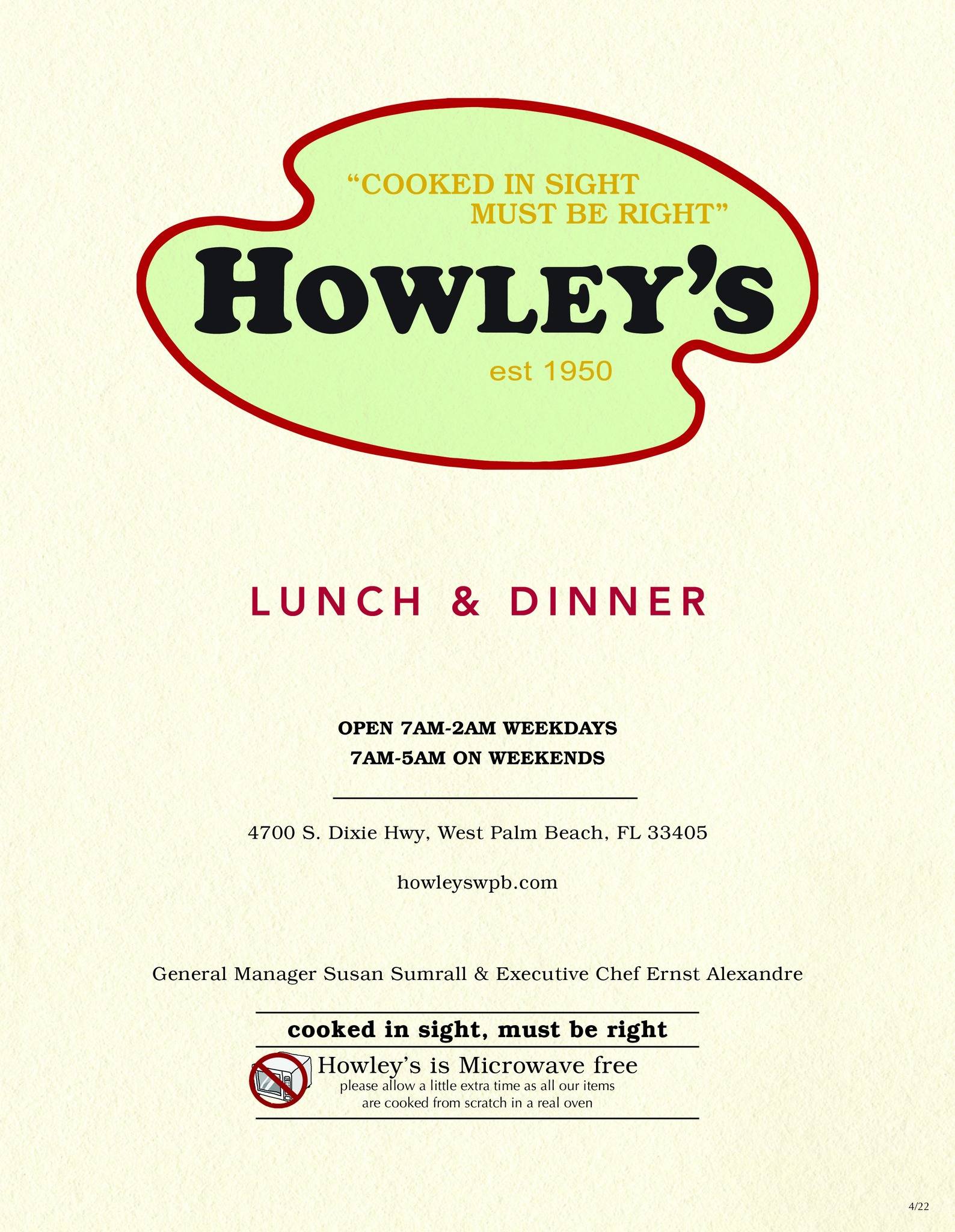 Menu at Howley's Restaurant, West Palm Beach