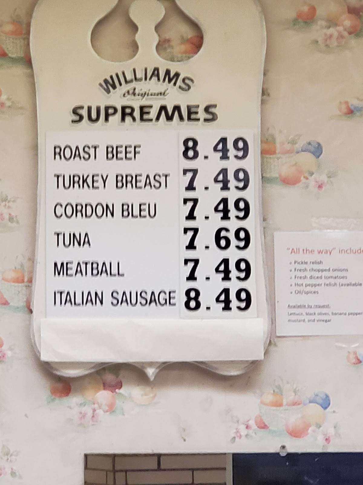 Menu at Williams Sub Shop restaurant, Saint Petersburg