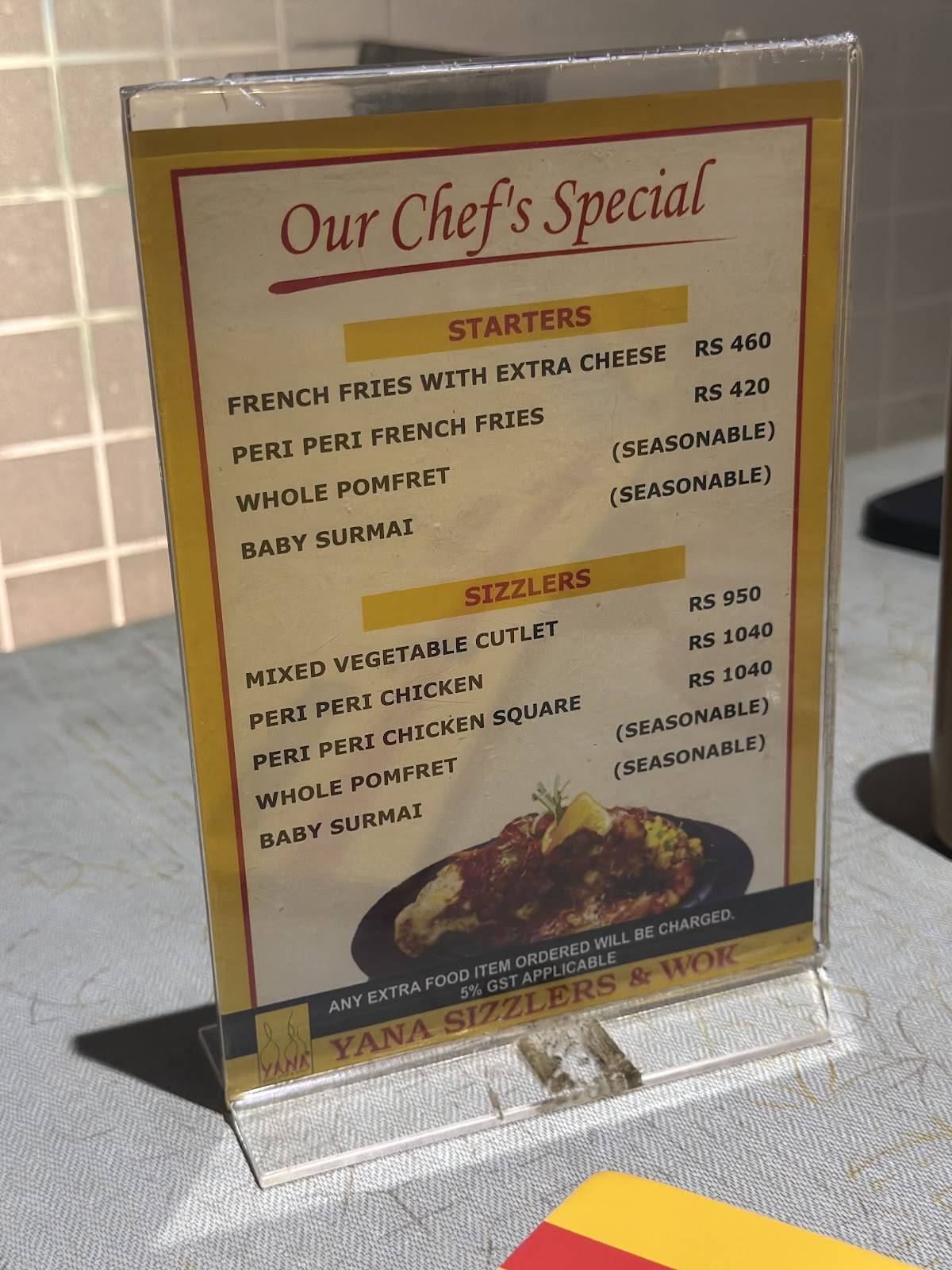 Yana Sizzlers & Wok menu