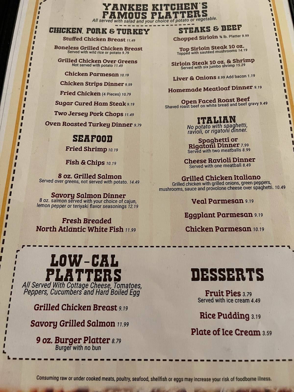 Menu at Yankee Kitchen Restaurant, Vienna Center