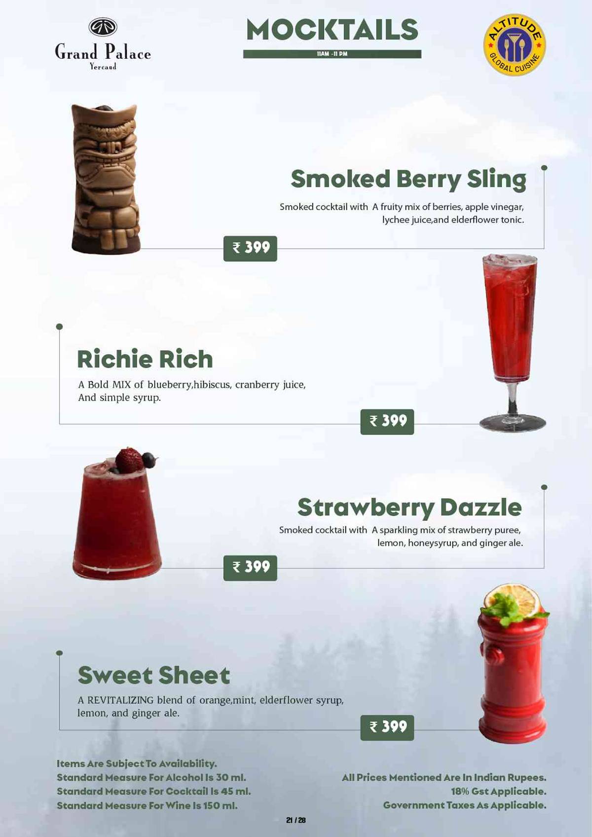 Altitude Global Cuisine Restaurant in Yercaud menu