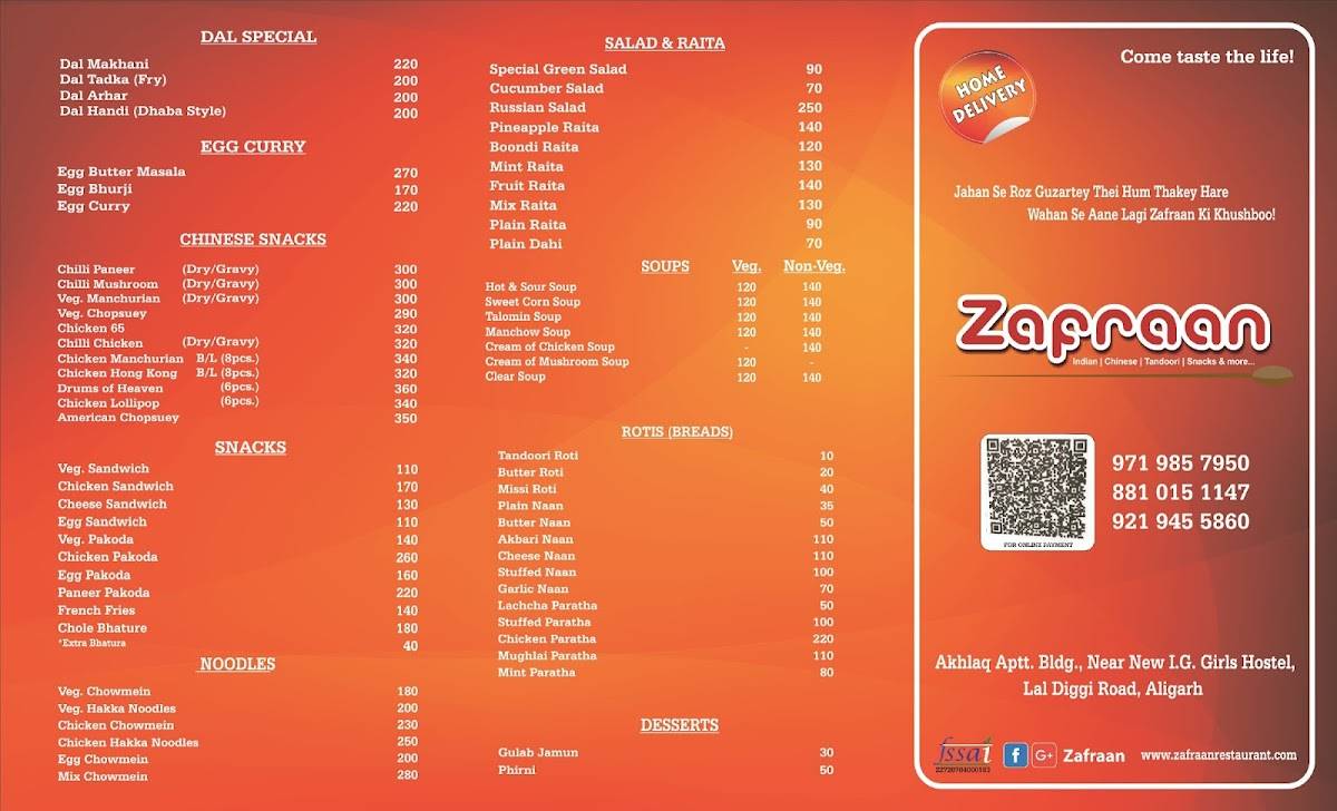 Zafraan menu