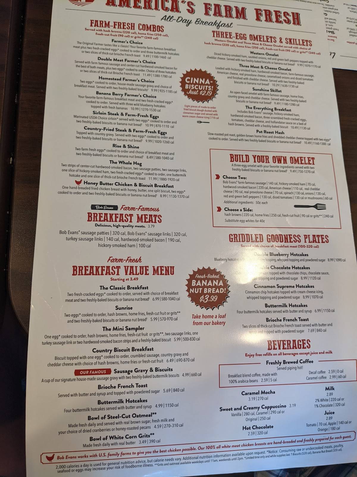 Menu at Bob Evans restaurant, Zanesville, 450 Underwood St