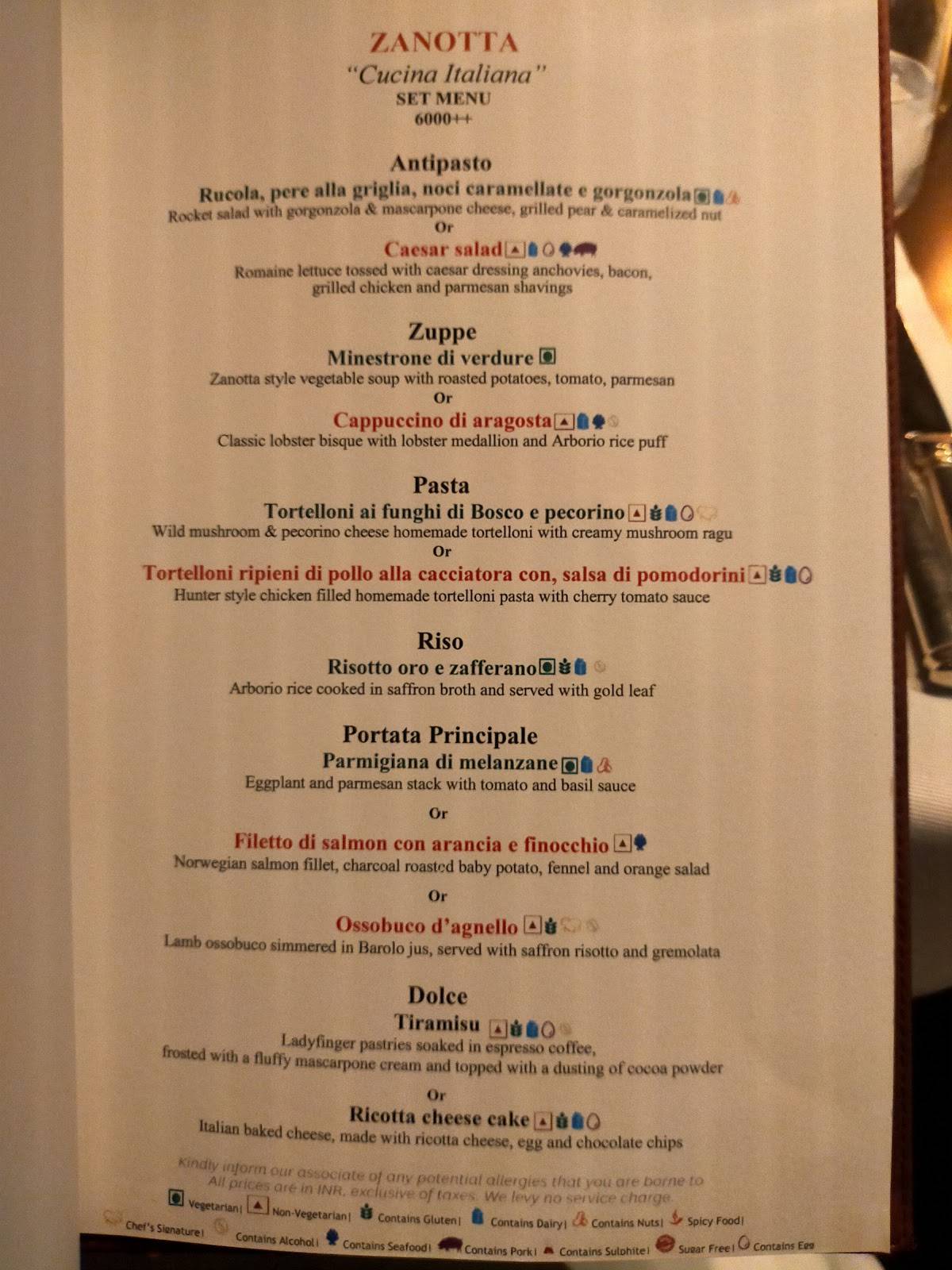 Zanotta - The Leela Ambience Gurugram menu