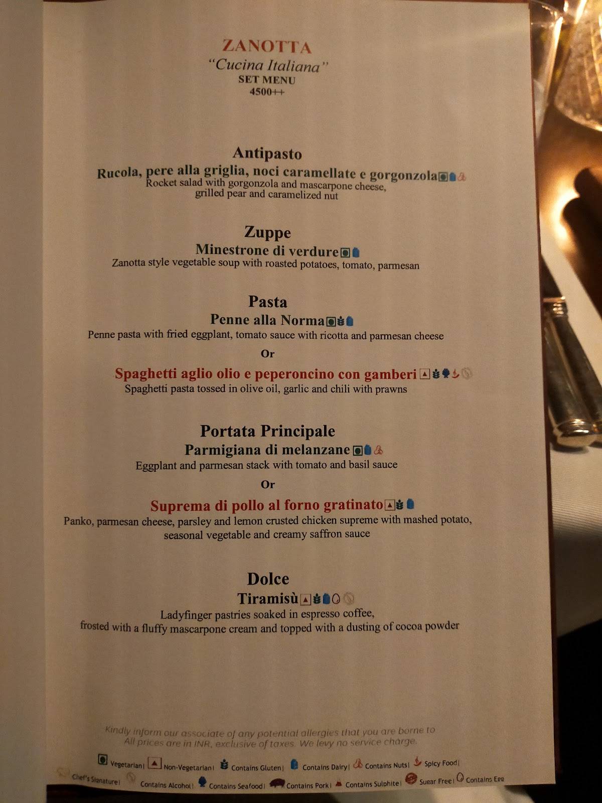 Zanotta - The Leela Ambience Gurugram menu