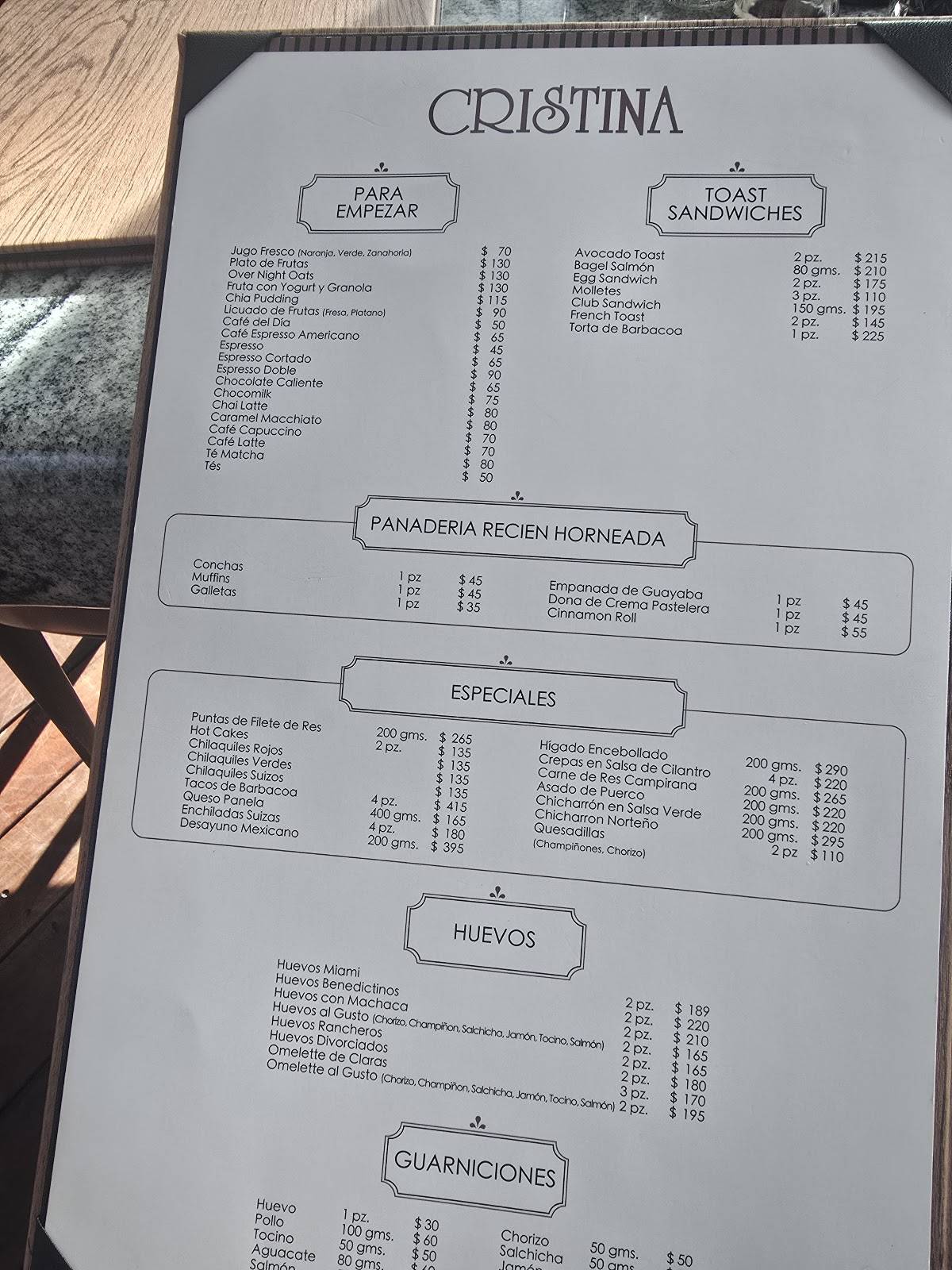 Carta del restaurante Cristina - Guadalajara, Zapopan