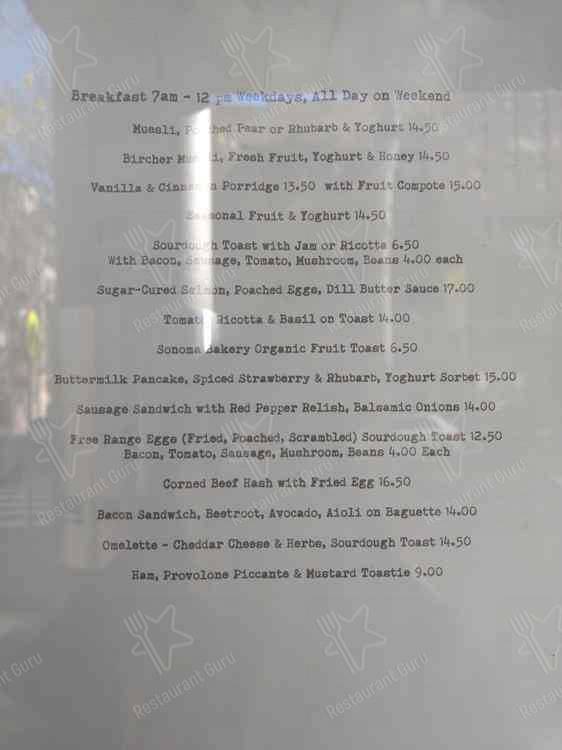 Menu at Zinc Cafe, Potts Point