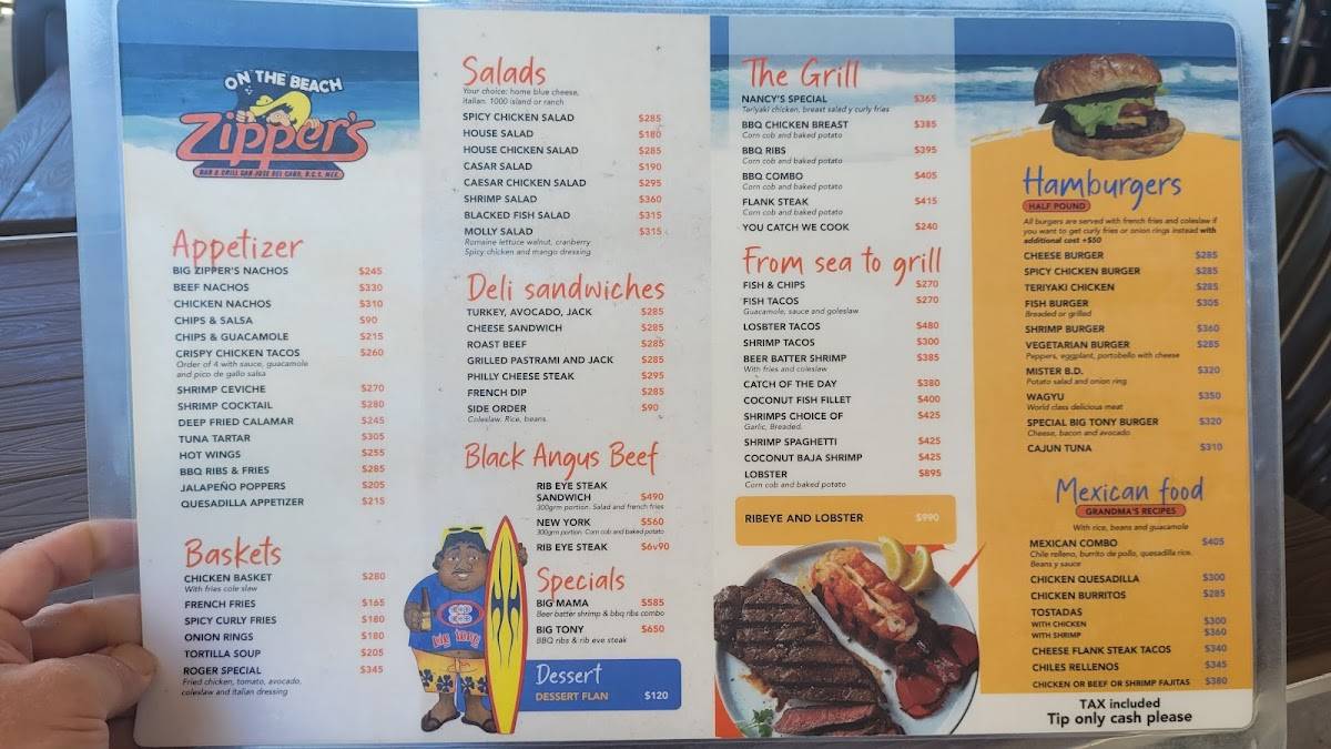 Carta de Zipper's Bar and Grill, San José del Cabo