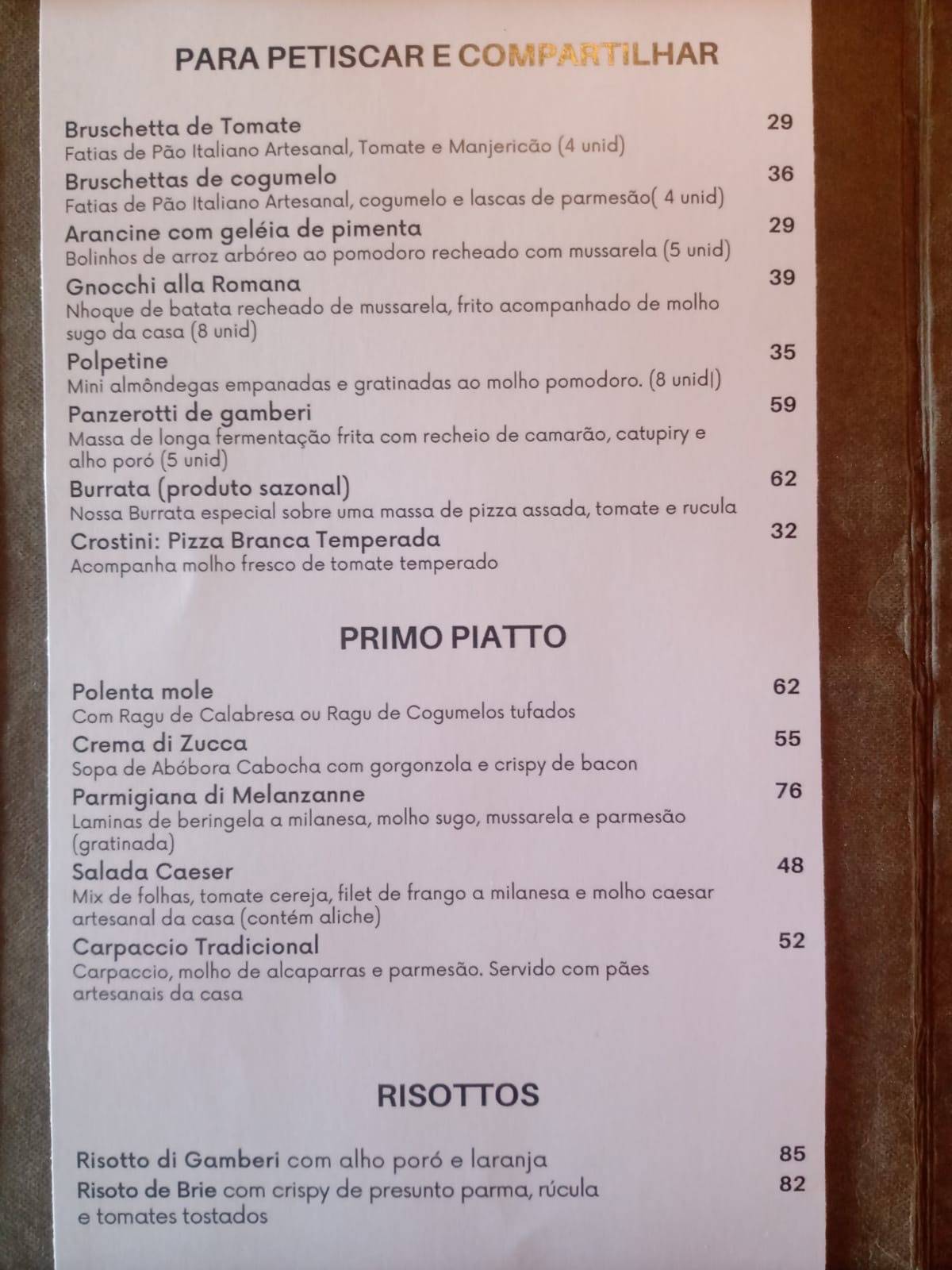 Zizzi bar e cucina cardápio