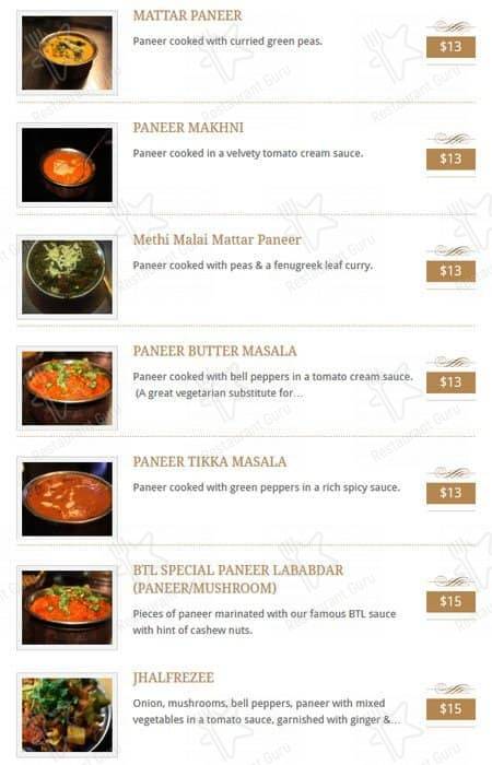 Menu de Indian Cuisine By The Lake