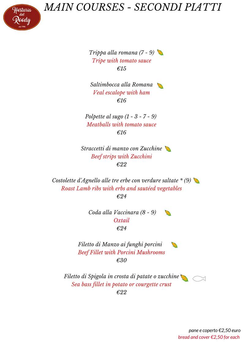 Menu di hostaria del roody 