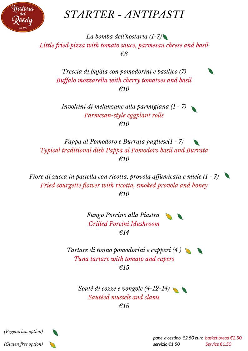 Menu di hostaria del roody 