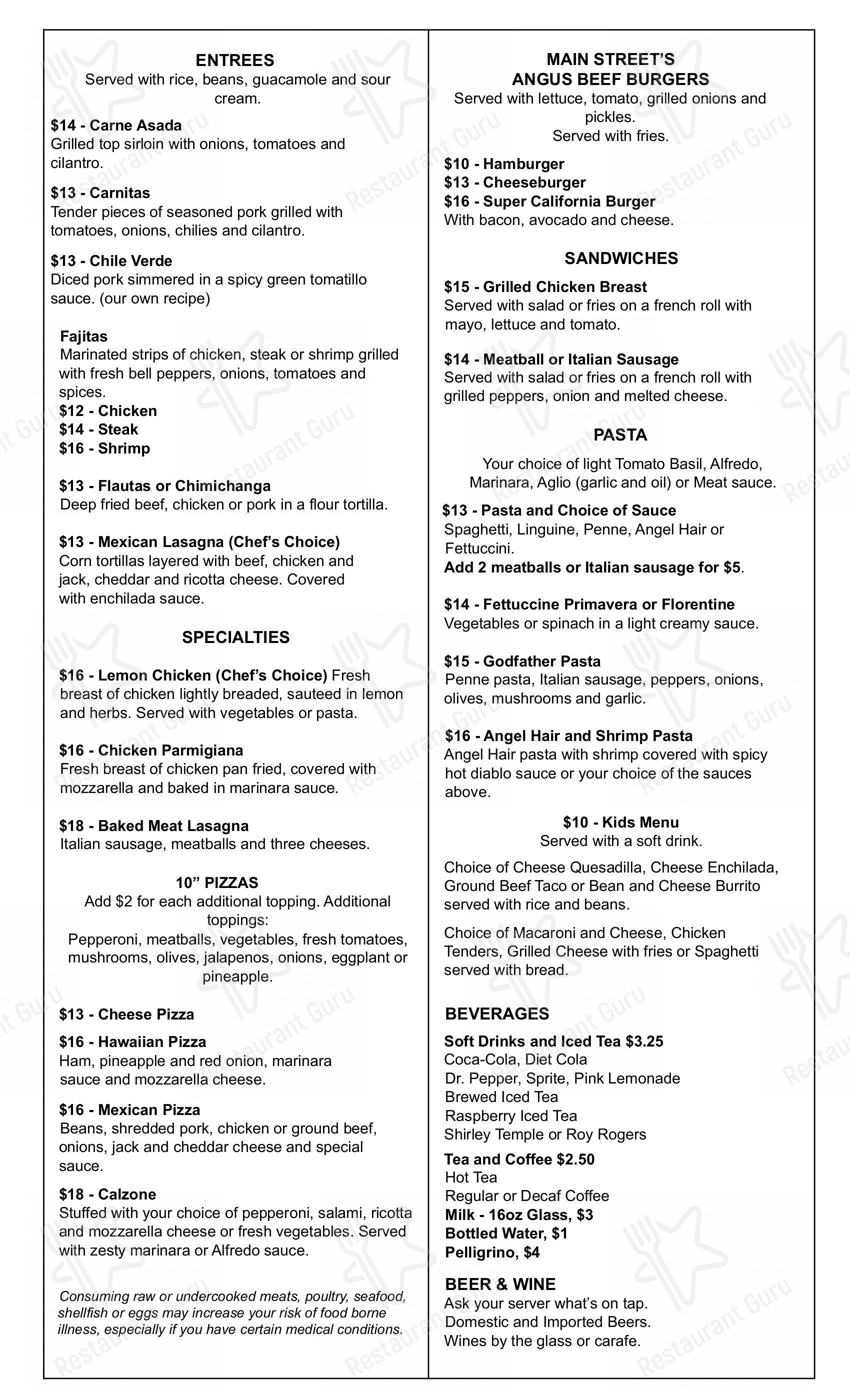 Menu at Main Street Restaurant, Detroit Lakes