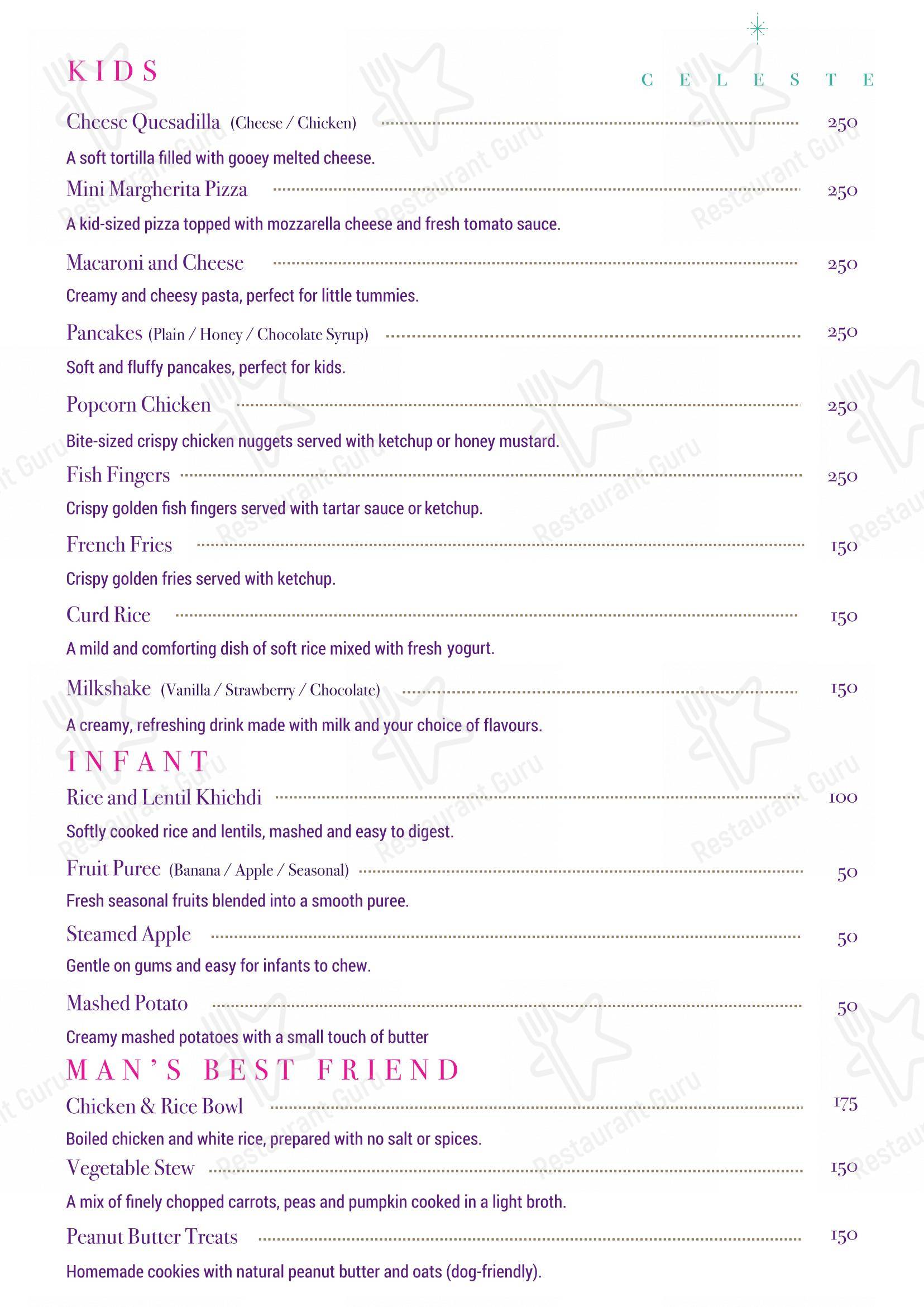 Menu for the Celeste by Mindescapes restaurant