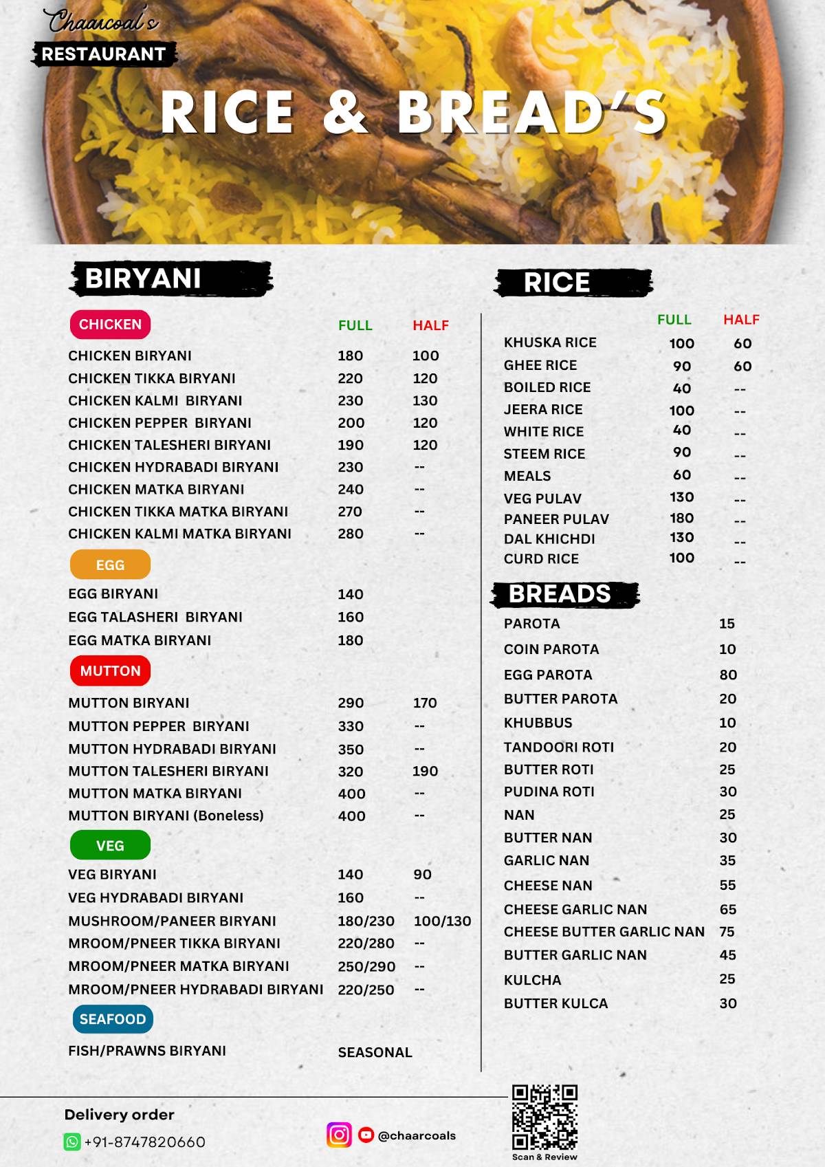 Chaarcoal’s Family Restuarant menu