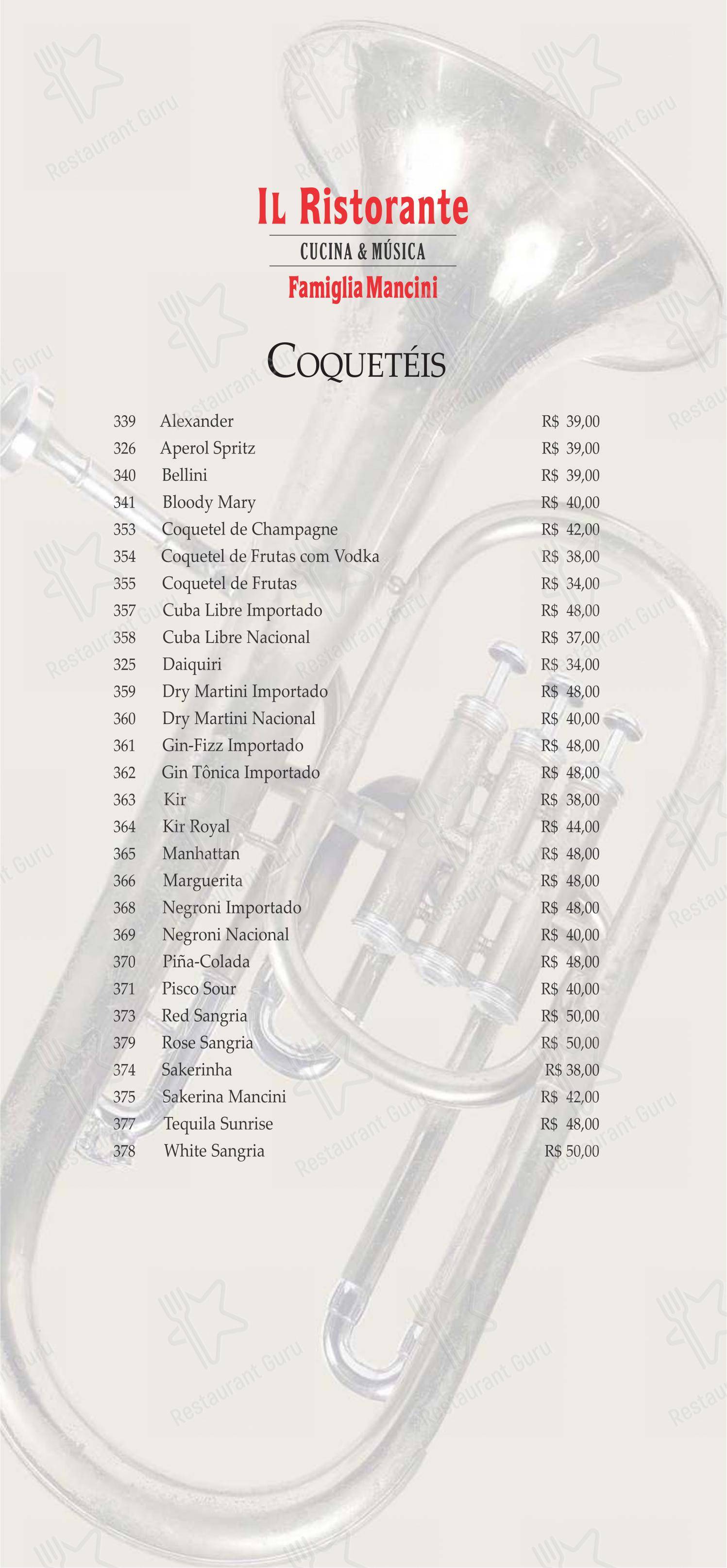 Menu bar para Famiglia Mancini Trattoria em São Paulo