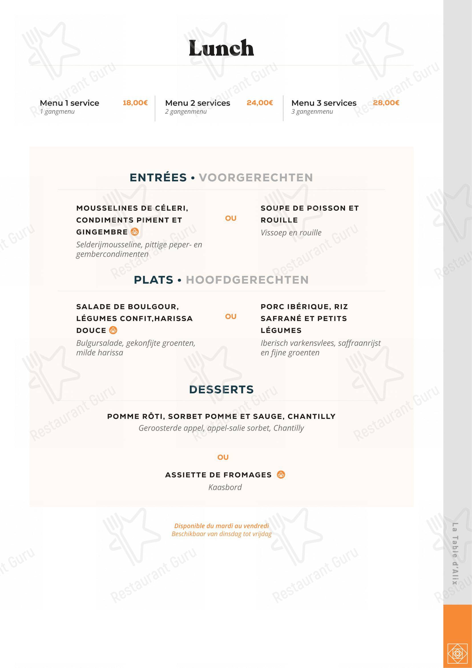 La Table d'Alix dans Lessines - Menu