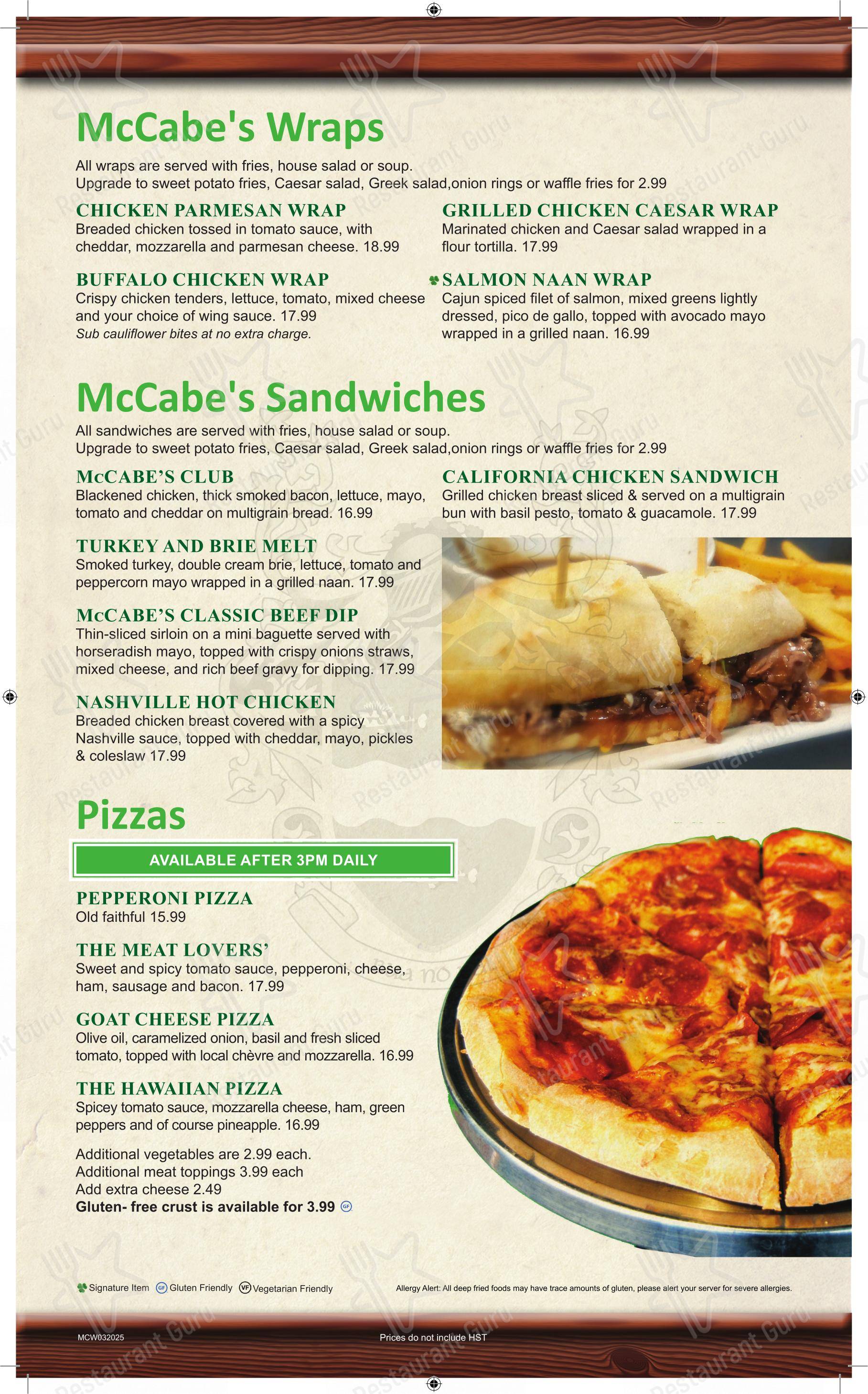 Menu pour McCabe's Irish Pub & Grill dans Waterloo