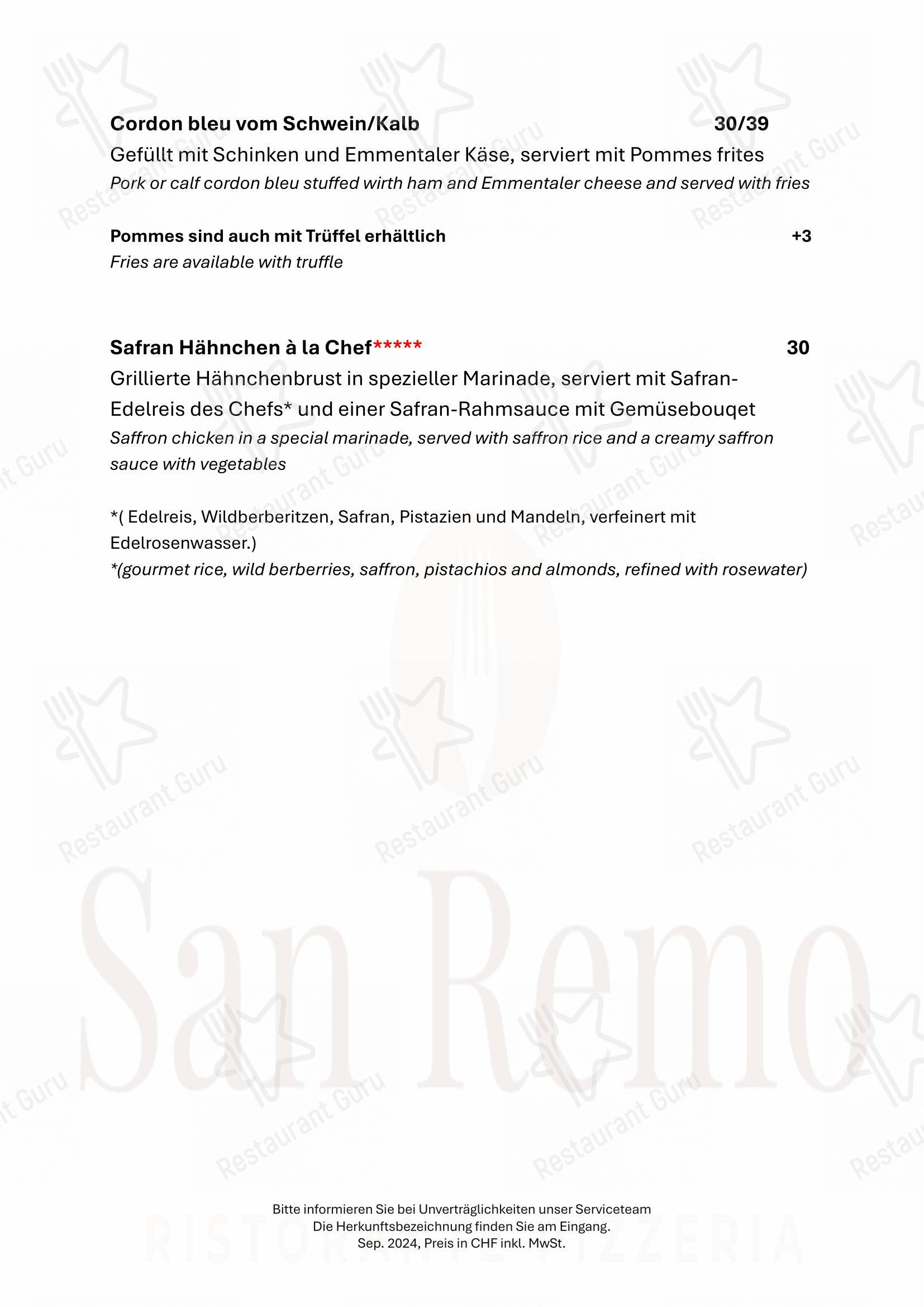 Menu di Restaurant San Remo GmbH - 菜单