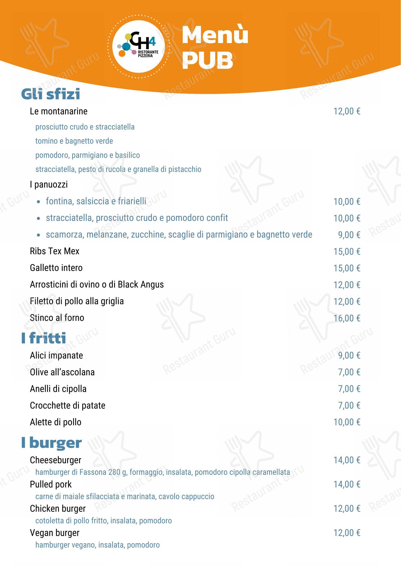 Menu per Ristorante Pizzeria Bar del CH4 Sporting Club ristorante