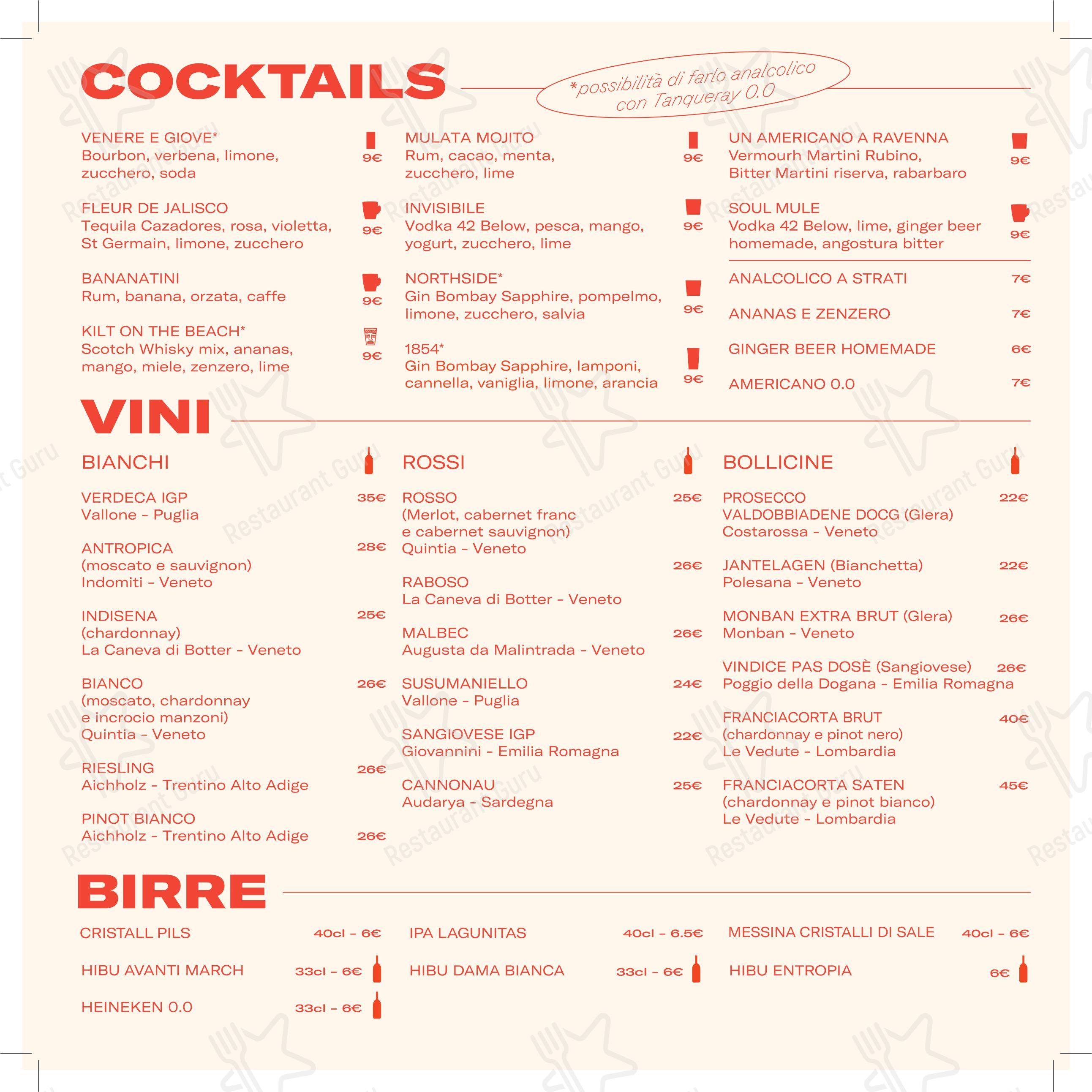 Menu bar per Soul Club Spirits & Food pub & bar