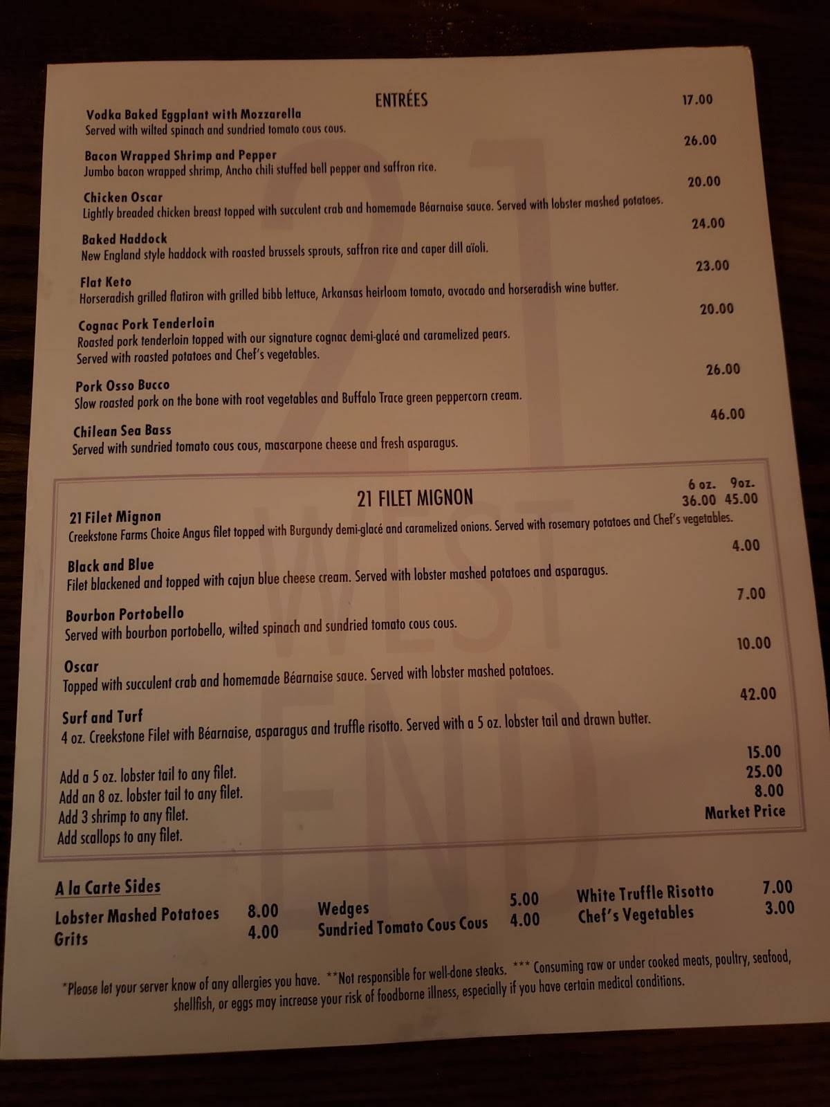 Menu at 21 West End pub & bar, Fort Smith