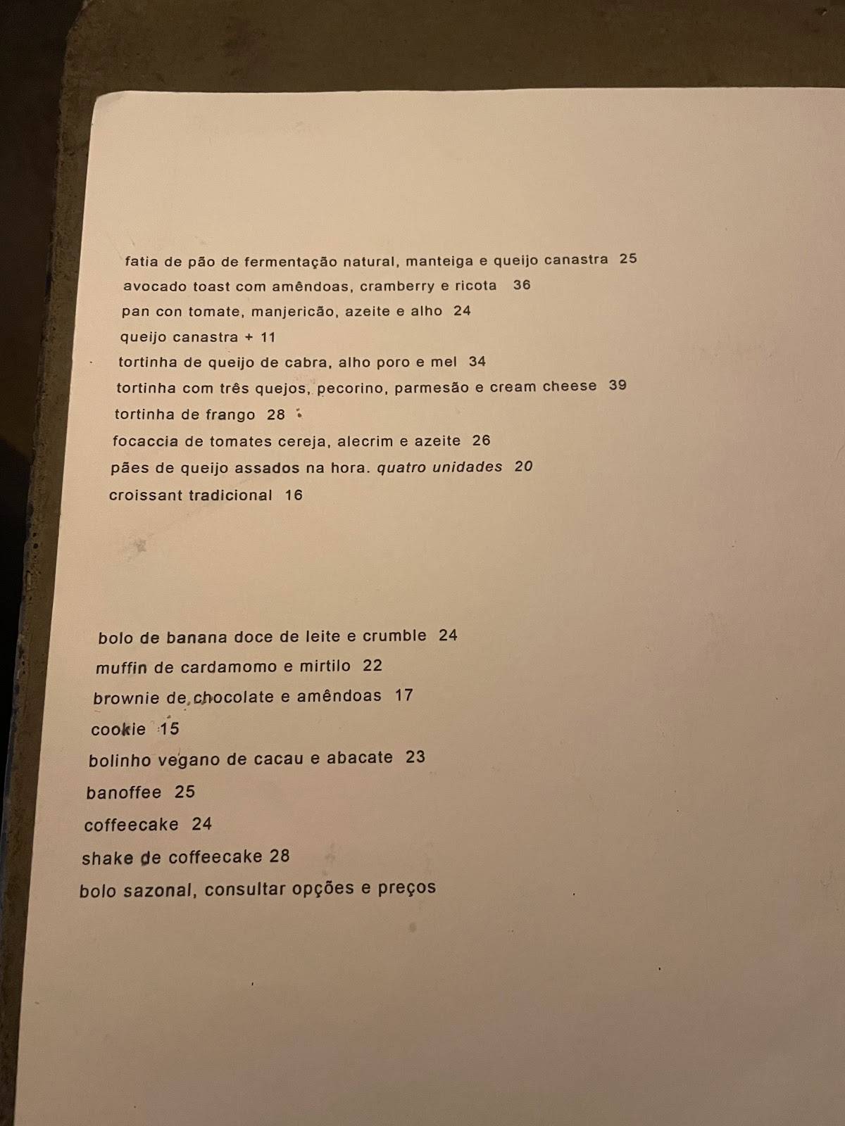 Acervo Café cardápio