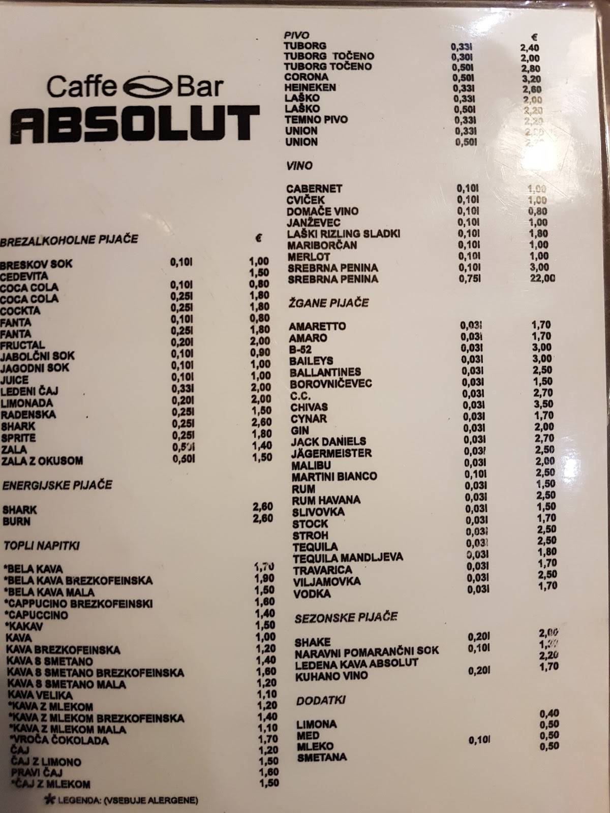Menu di Absolut Bar 