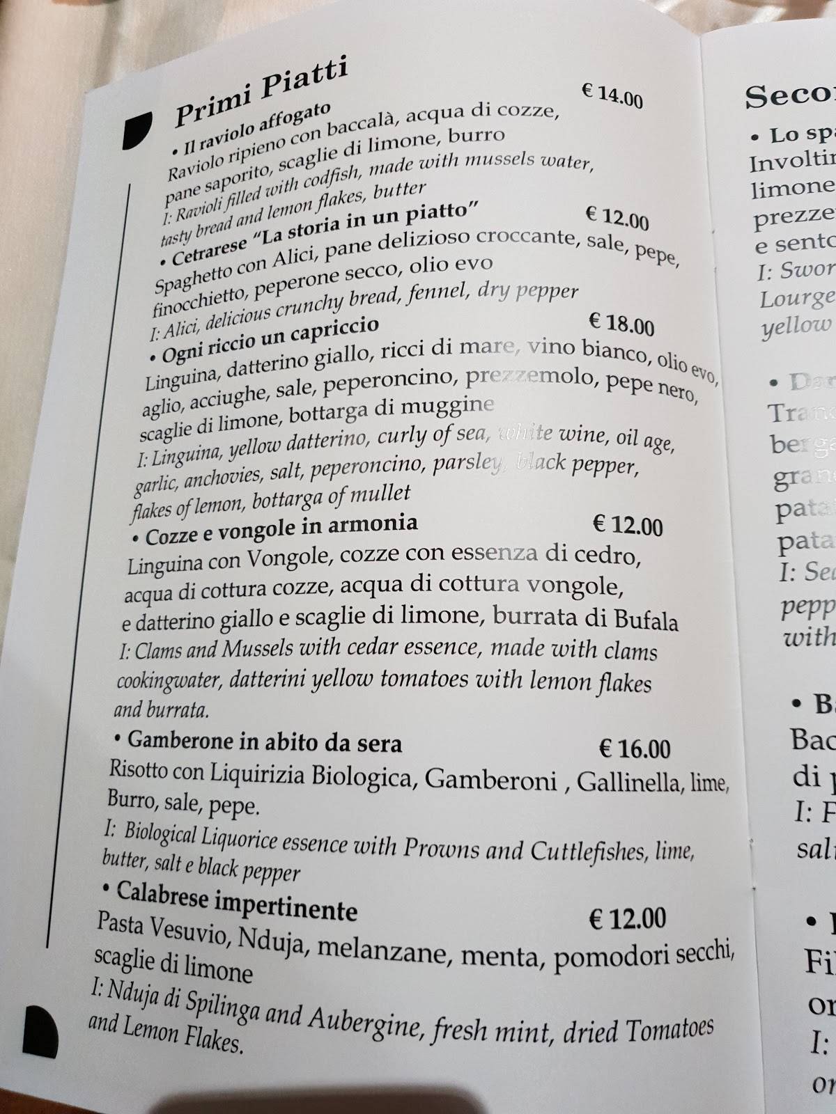 Menu di Agape Cetraro 