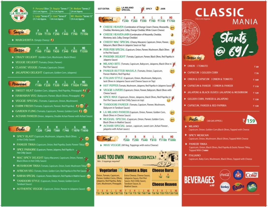 La Milano Pizzeria menu