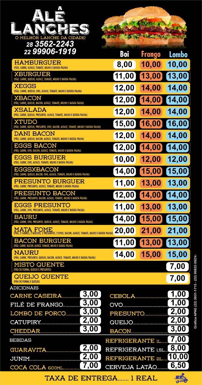 Alê Lanches cardápio