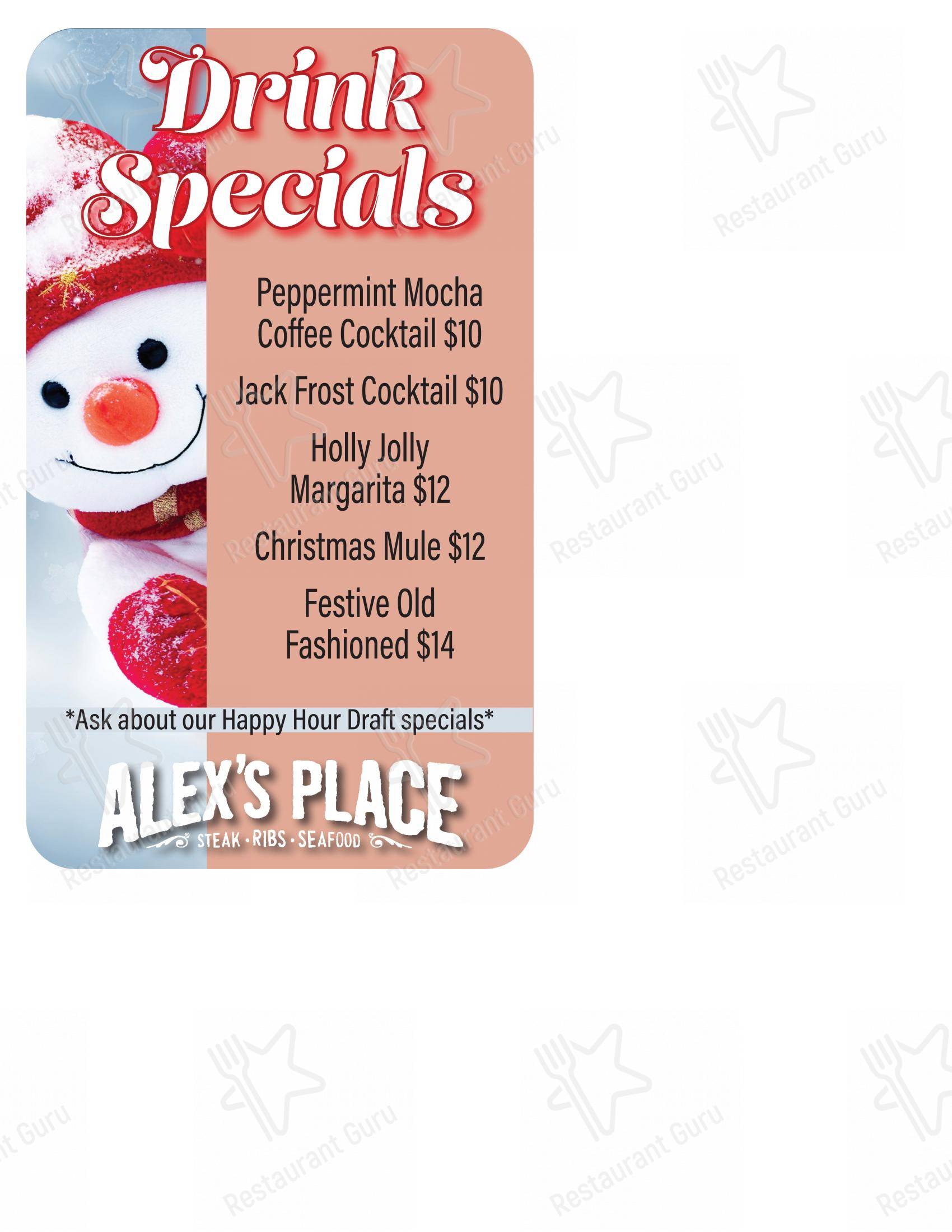 Menu at Alex's Place steakhouse, Batavia