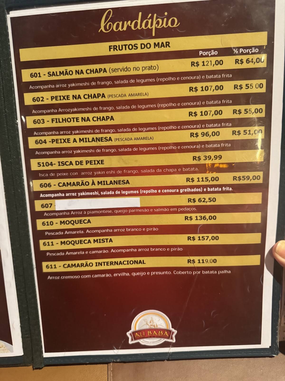 Ali Babá cardápio