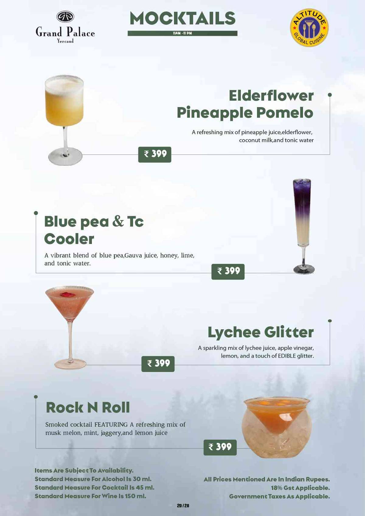 Altitude Global Cuisine Restaurant in Yercaud menu