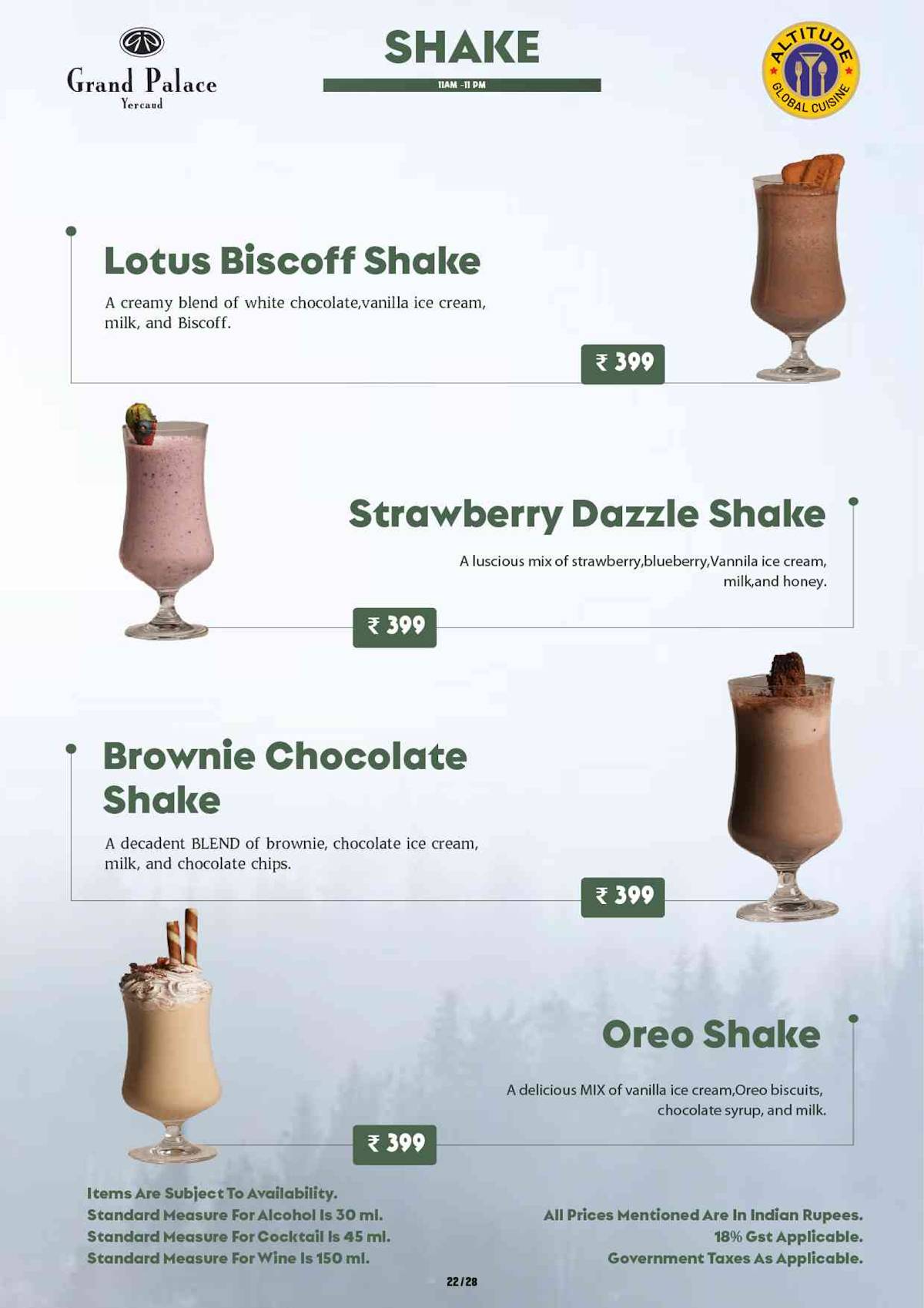 Altitude Global Cuisine Restaurant in Yercaud menu