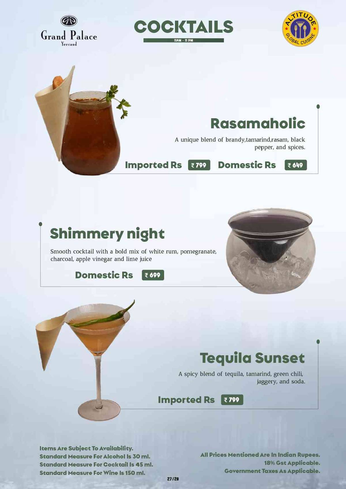 Altitude Global Cuisine Restaurant in Yercaud menu