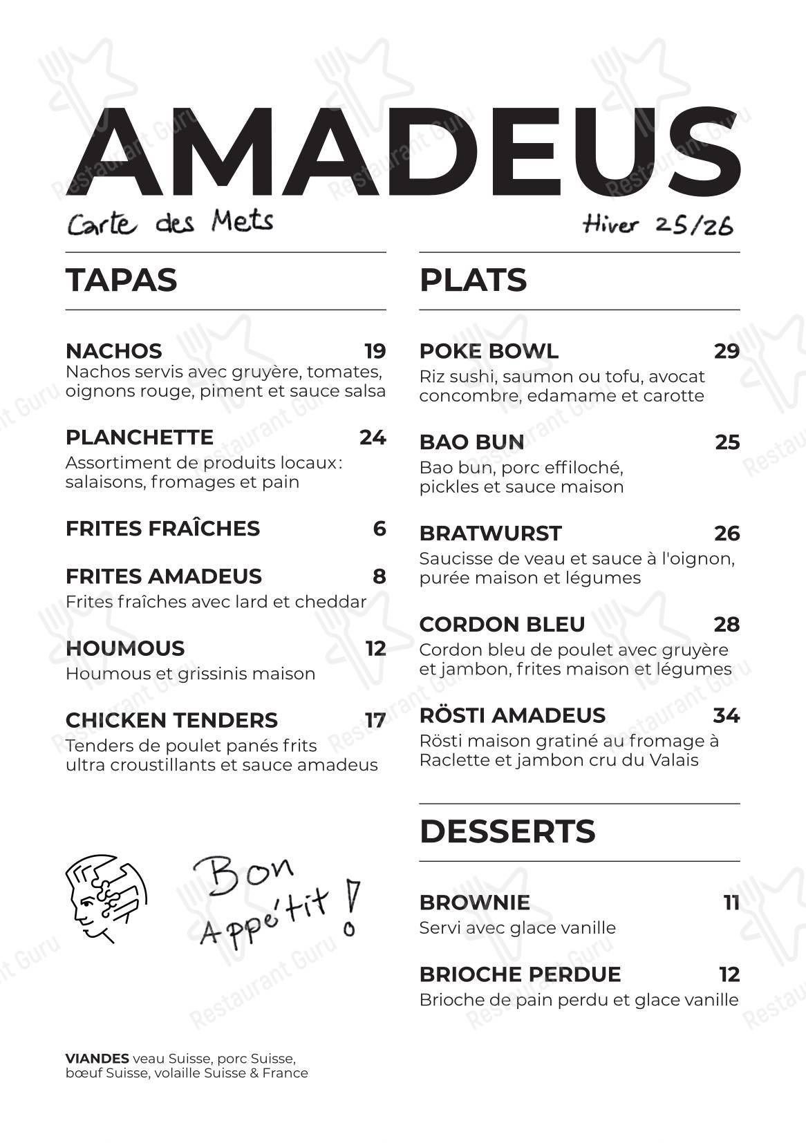 Amadeus Bar in Montana - Menu bar