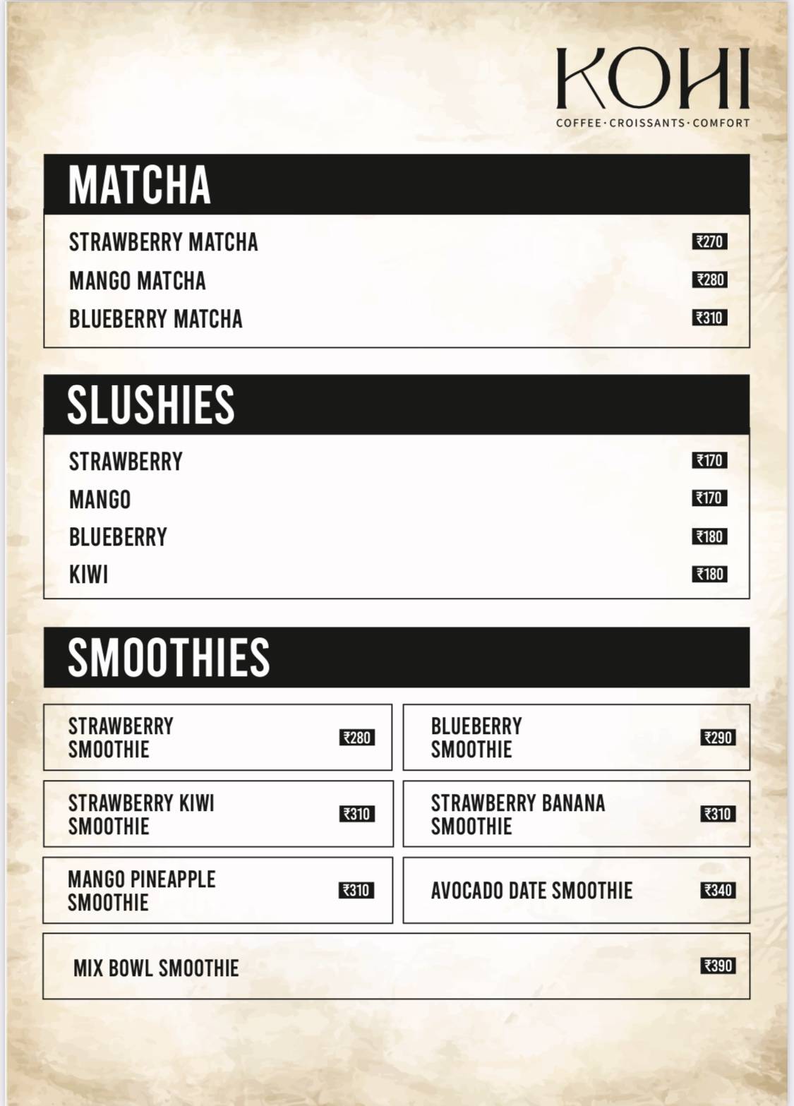 Kohi - The Cafe menu