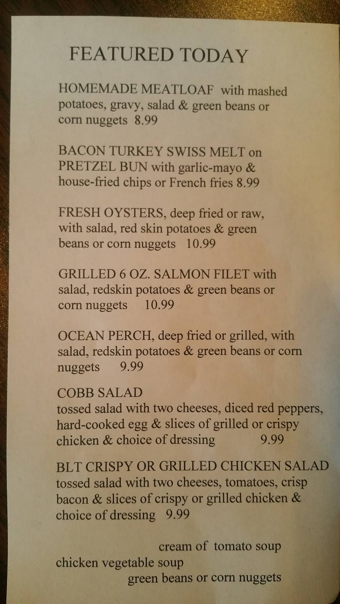 Menu at Ann & Tony's restaurant, West Jefferson