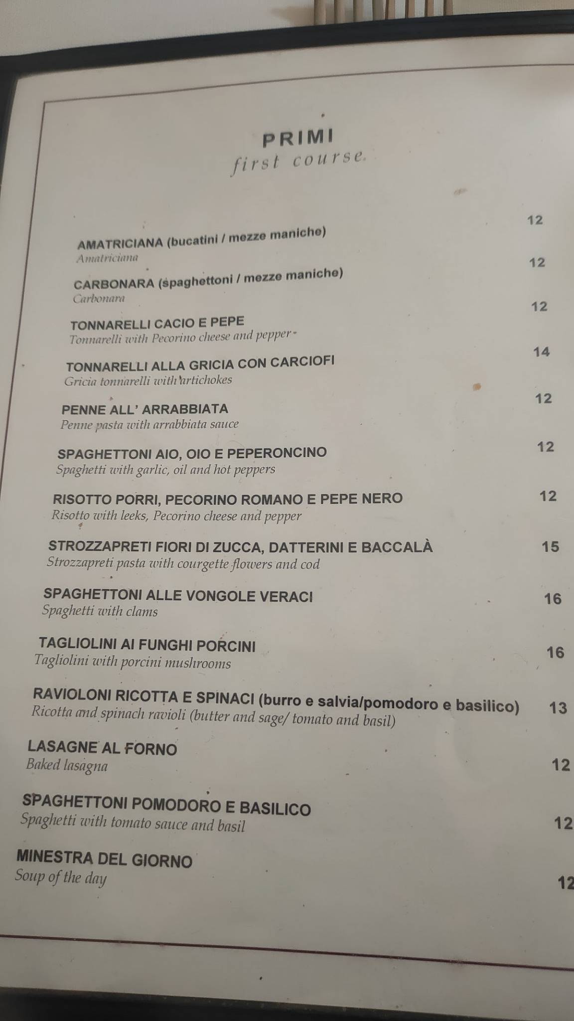 Menu di Antica Bohéme 